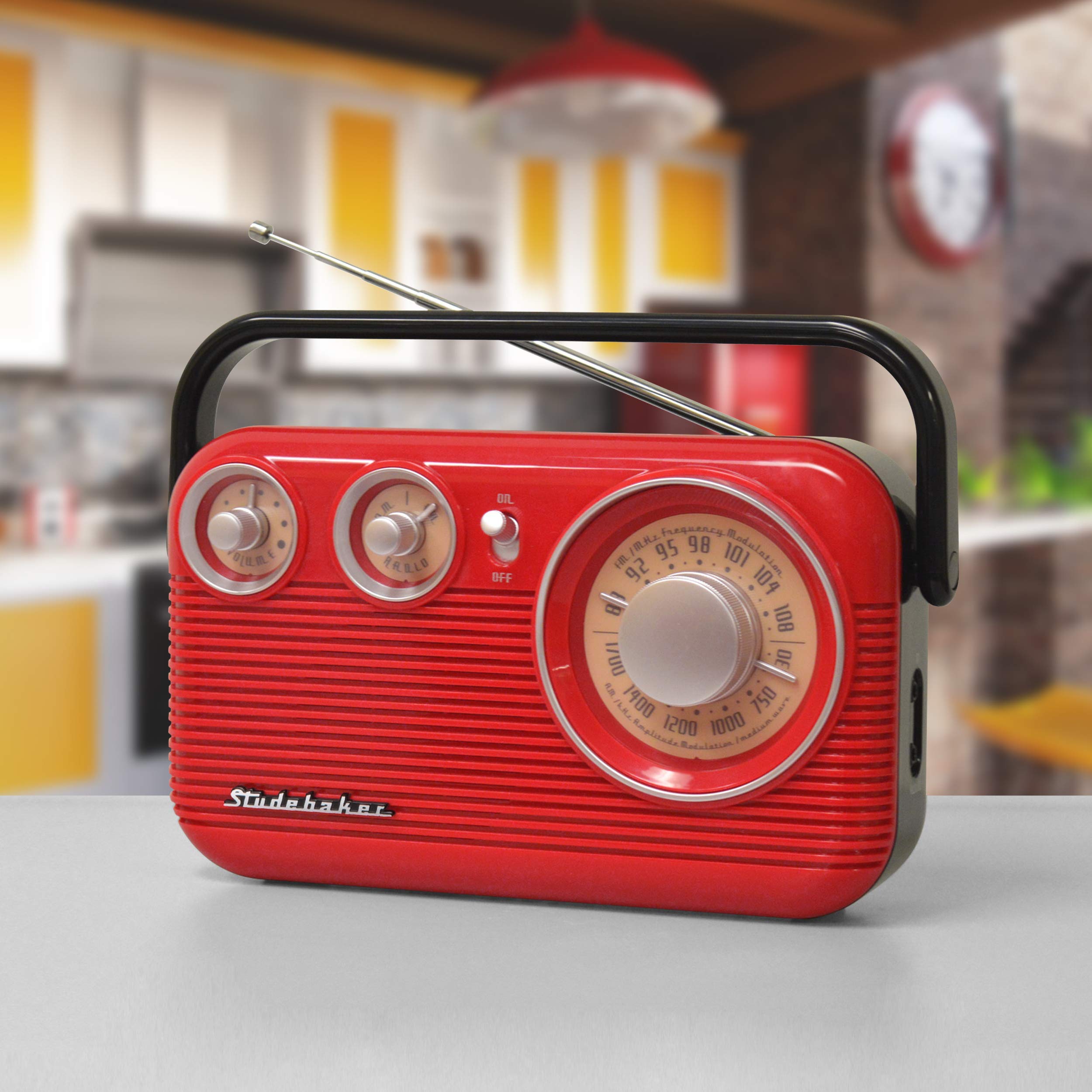 Studebaker SB2003 Retro Portable AM/FM Radio with Bluetooth, Headphone Jack & Built-in Speaker - Vintage Style Wireless Radio for Home, Office, Camping, Emergency (Red/Black)