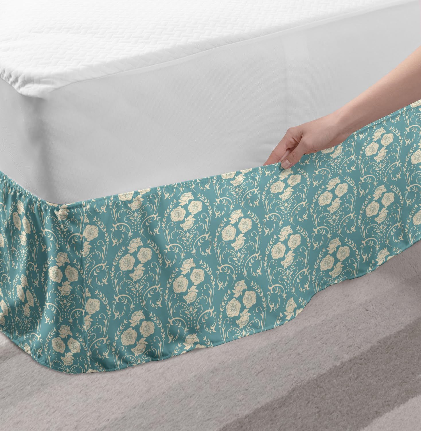 Ambesonne Elastic Bed Skirt King Size - Floral Rose Petals with Swirling Leaf & Stem Wreath Design, Wrap Around Dust Ruffle - Off White & Pale Teal for Bedroom Decor | Perfect for Master Bedroom, Guest Room & Luxury Hotel Styling