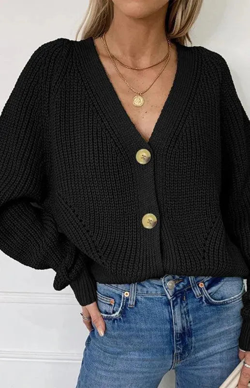 Women's Lantern Sleeve Button Front Cardigan Sweater - Cozy Knit Pullover for Office, Date Night & Fall Layering