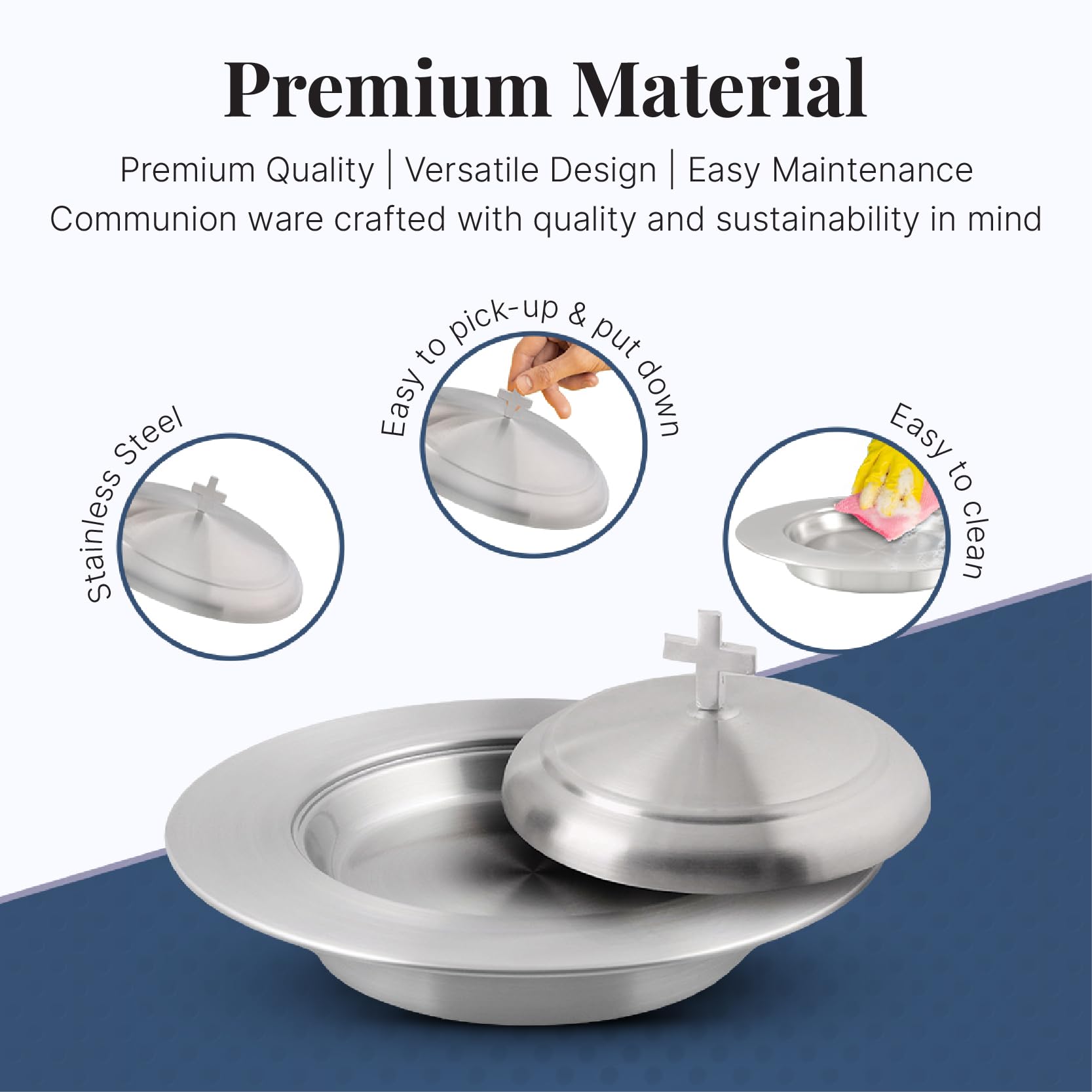 Stainless Steel Communion Set - 2 Holy Wine Serving Trays with Lids & 2 Stacking Bread Plates with Lids + 80 Cups - Matte Finish for Church Services, Religious Ceremonies, and Christian Events