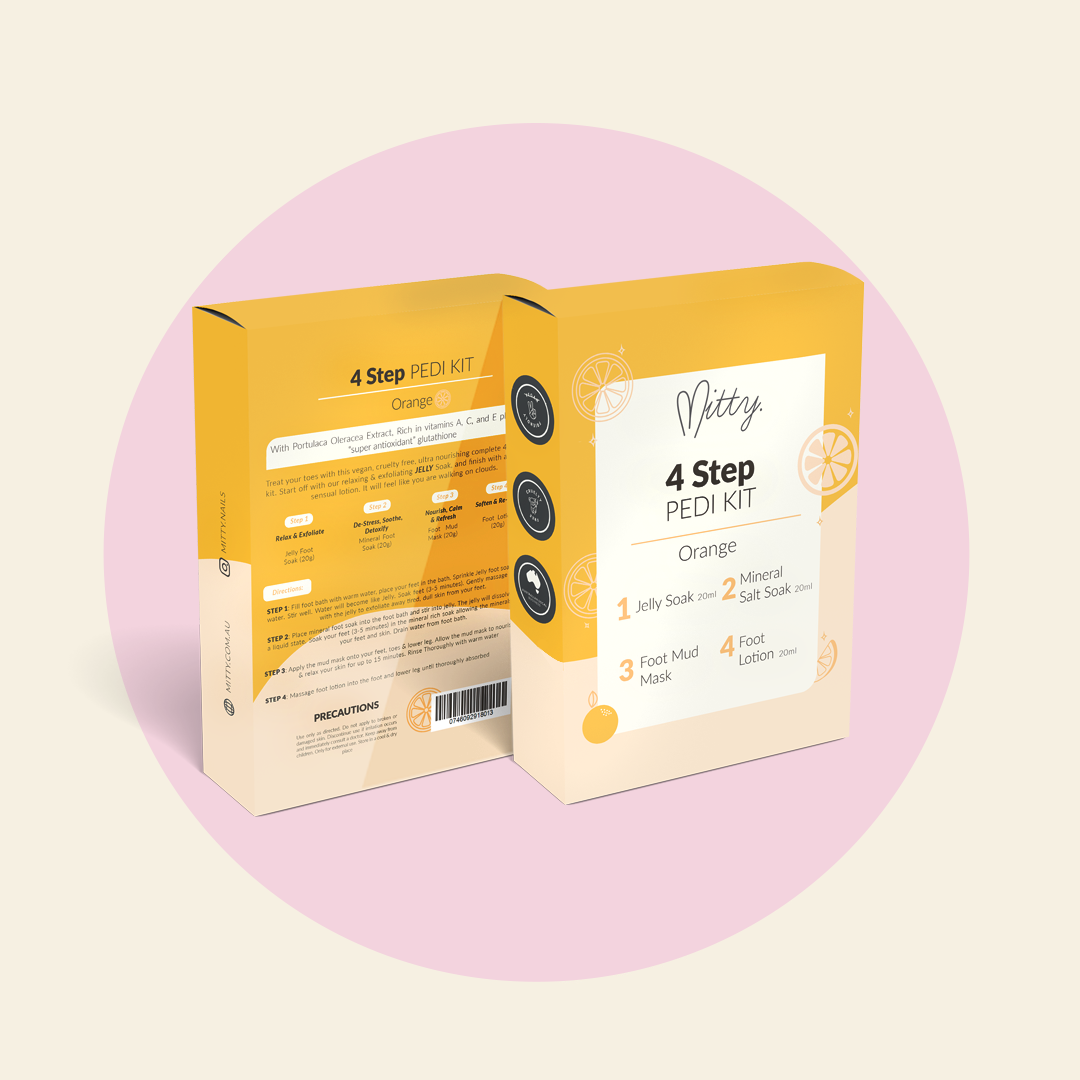 Mitty 4-Step Pedi Kit with Jelly Soak & Orange - Professional Foot Care Set for Soft Smooth Feet - Perfect for Home Pedicures & Spa Days