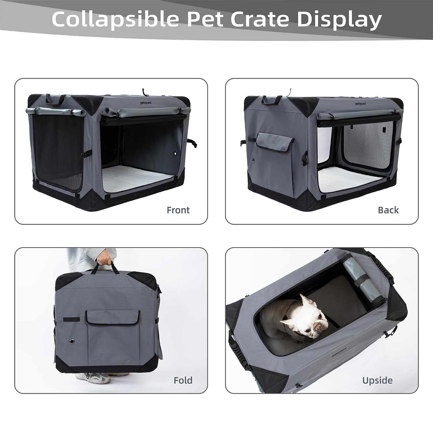42 Inch Collapsible Dog Crate with 4 Door Curtains - Portable Soft Pet Kennel for Travel, Chew Proof Mesh for Indoor & Outdoor Use - Grey (Includes Carry Bag) - Perfect for Car Trips, Camping & Home Comfort