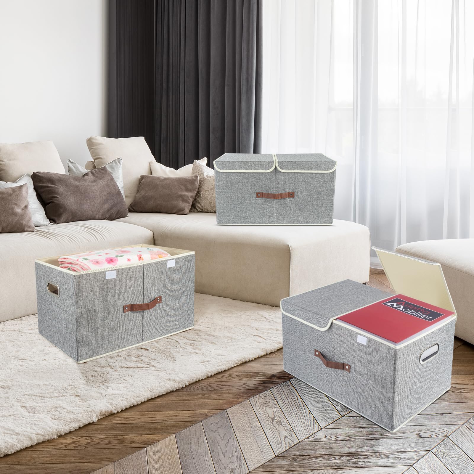TYEERS Extra Large Collapsible Storage Bins with Lids & Compartments - 3 Pack Gray - Foldable Organizing Bins for Closet, Clothes, Home & Office Storage - Perfect for Bedroom, Garage, Kids Room Organization