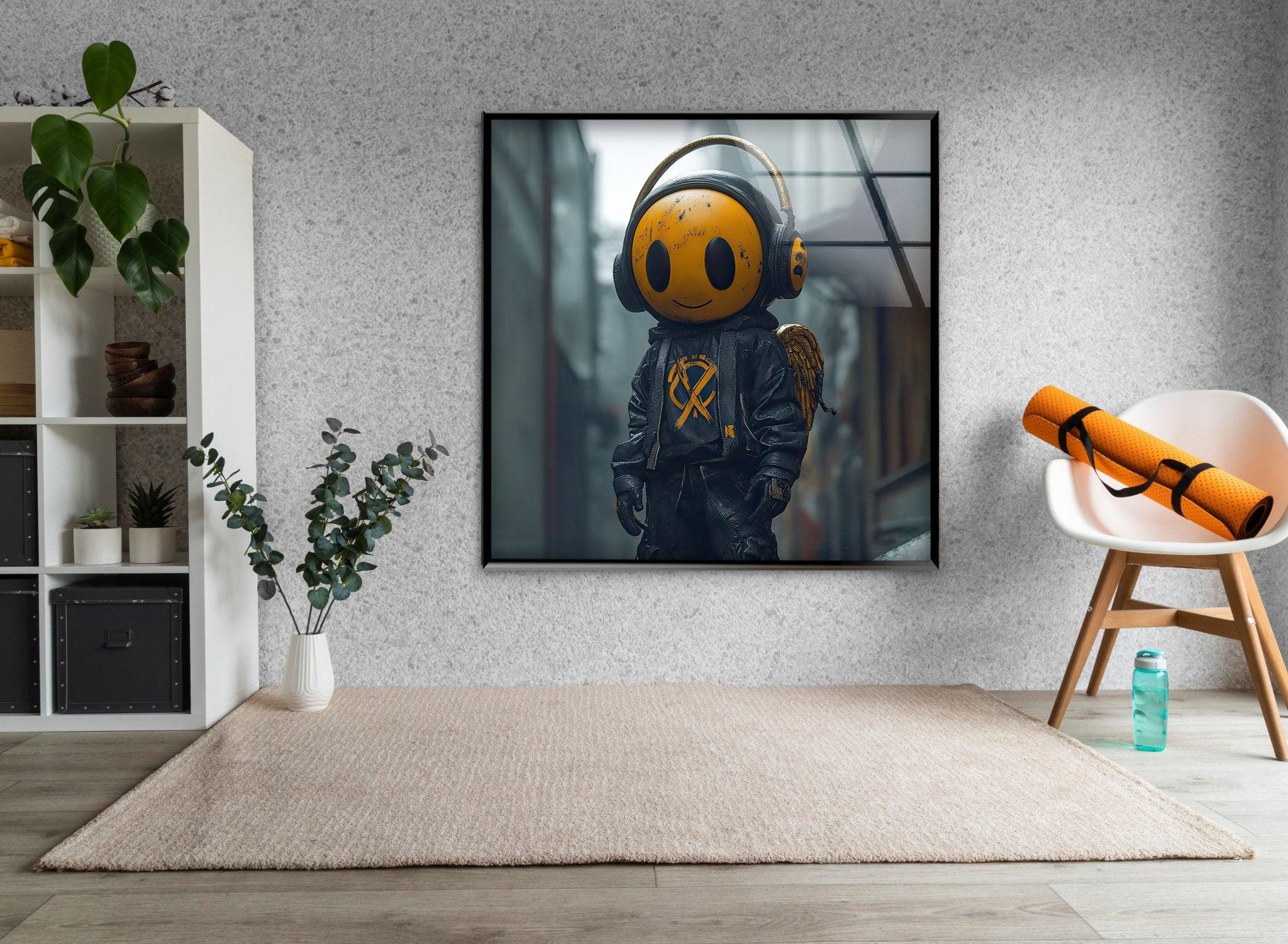 3D Yellow Smile Face Glass Wall Art Decor - Modern Home & Office Wall Decoration for Living Room, Bedroom, Kitchen
