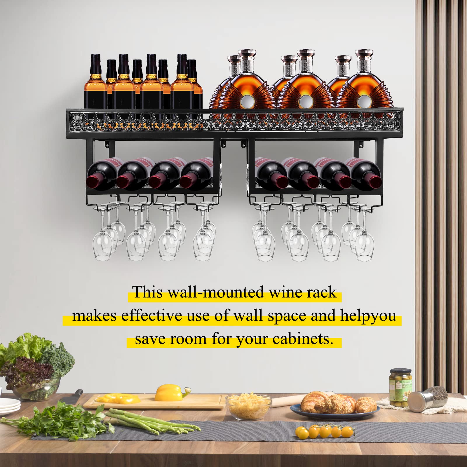 2-Tier Wall Mounted Metal Wine Rack - Industrial Retro Hanging Shelf for Wine Bottles & Glasses - Space-Saving Kitchen/Bar Storage Solution - Perfect for Small Spaces, Apartments & Home Decor (Black)
