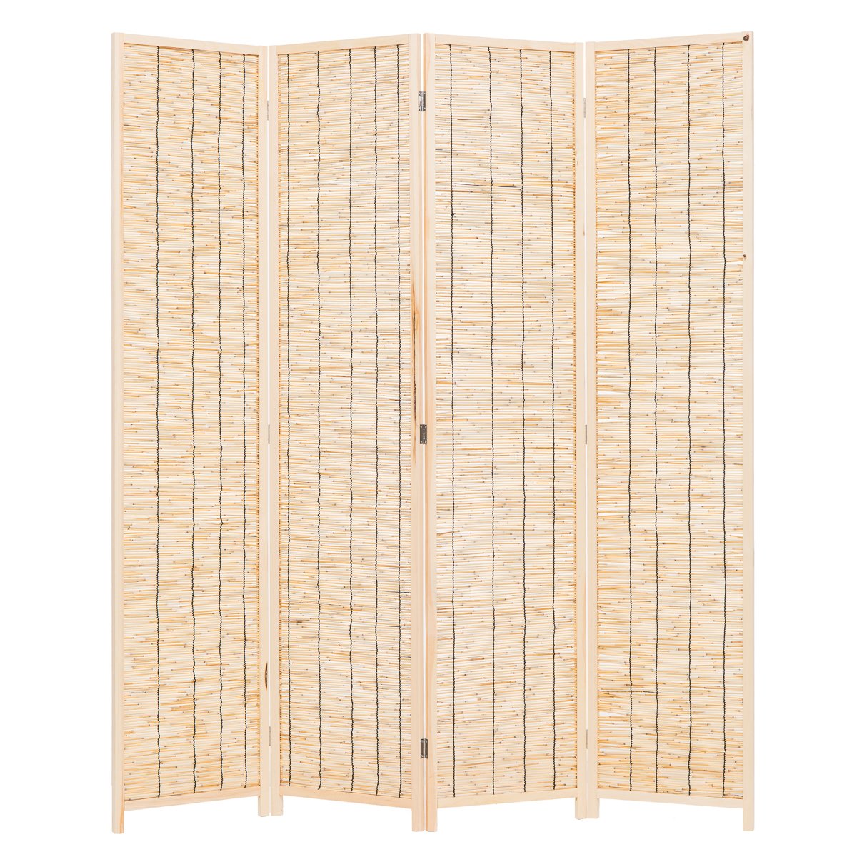 THY COLLECTIBLES 4-Panel Wooden Room Divider - Freestanding Woven Reed Privacy Screen with Hinged Folding Design (Natural Finish) | Perfect for Home Office, Living Room & Bedroom Partition