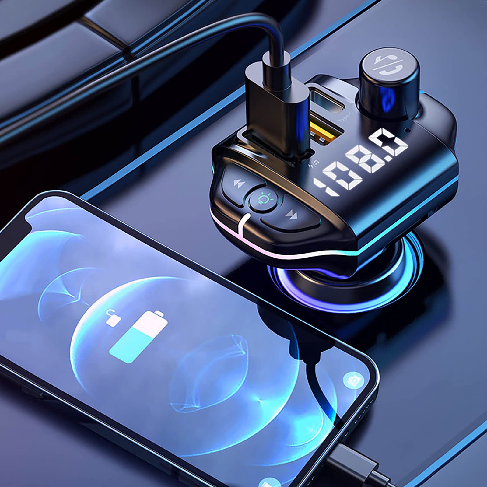 Wireless Bluetooth FM Transmitter for Car - Hands-Free Calling Car Adapter with RGB Ambient Light & Dual USB Charger (PD 20W/QC 3.1A) - Perfect for Road Trips, Commuting & Charging Devices On-The-Go