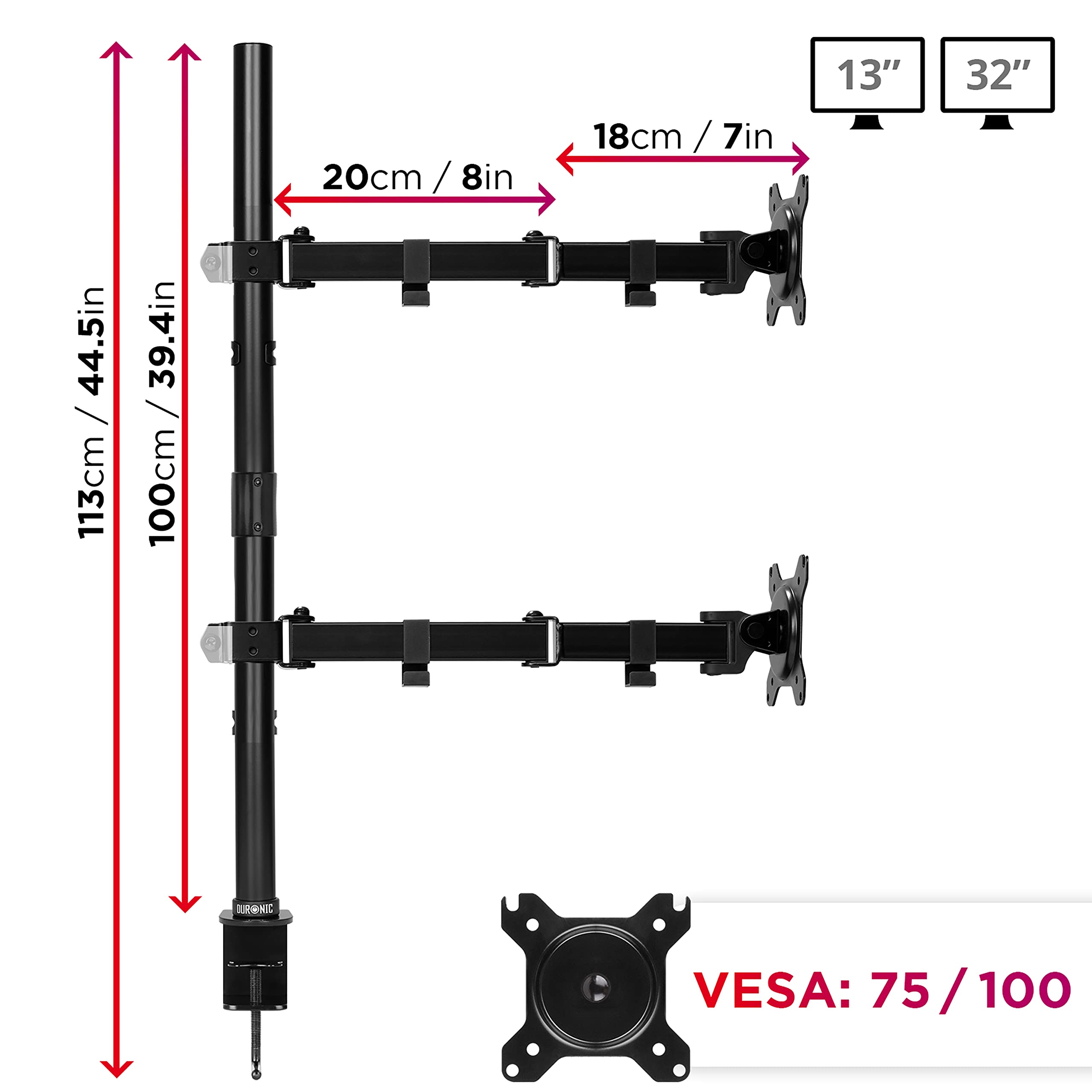 Duronic Dual Monitor Stand DMT152VX2 - Adjustable Desk Mount for Two 13-27