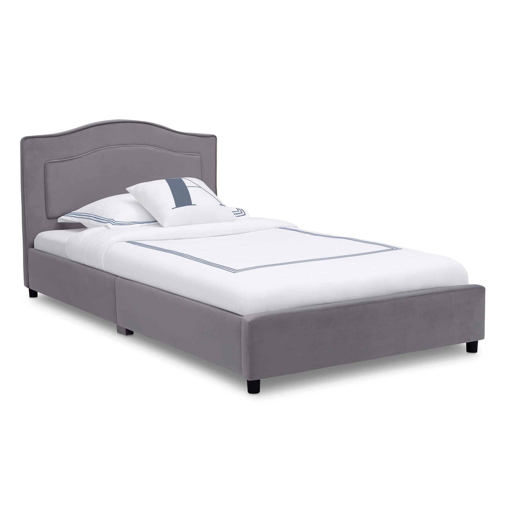 Delta Children Upholstered Twin Bed Frame with Storage, Grey - Modern Kids Bedroom Furniture for Small Spaces & Guest Rooms