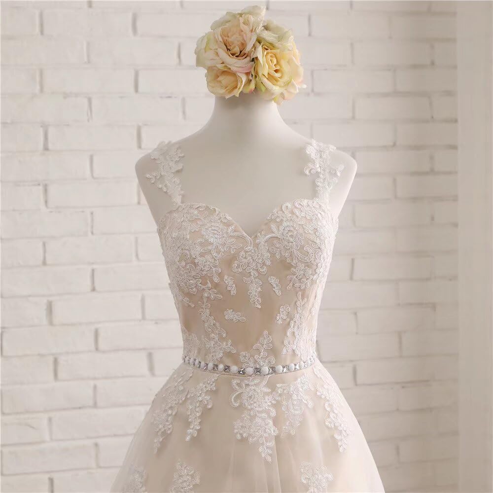 Ivory Lace Applique Wedding Dress with Straps - High-Low Hem Bridal Gown with Crystal Ribbon Detailing (Short Front/Long Back) | Perfect for Beach Weddings, Garden Ceremonies & Romantic Photoshoots 2025