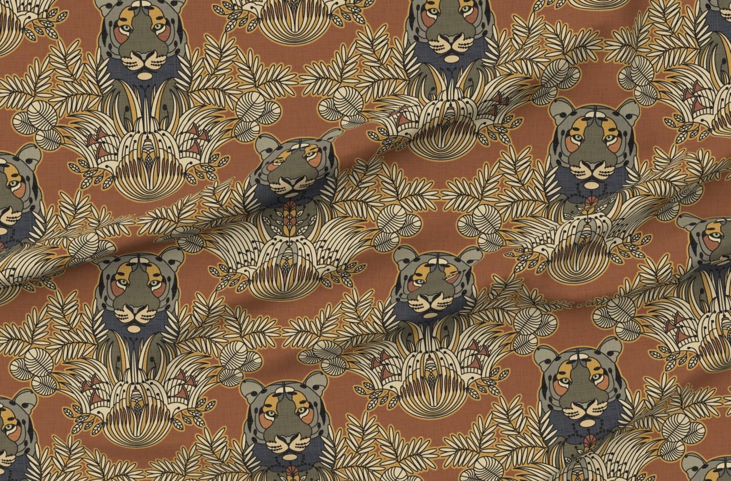 Tiger Siena Animal Jungle Print Denim Fabric by Spoonflower - Fat Quarter for Home Decor, Upholstery & Apparel - Tropical Damask Bottomweight Cotton - Perfect for DIY Projects, Curtains & Throw Pillows