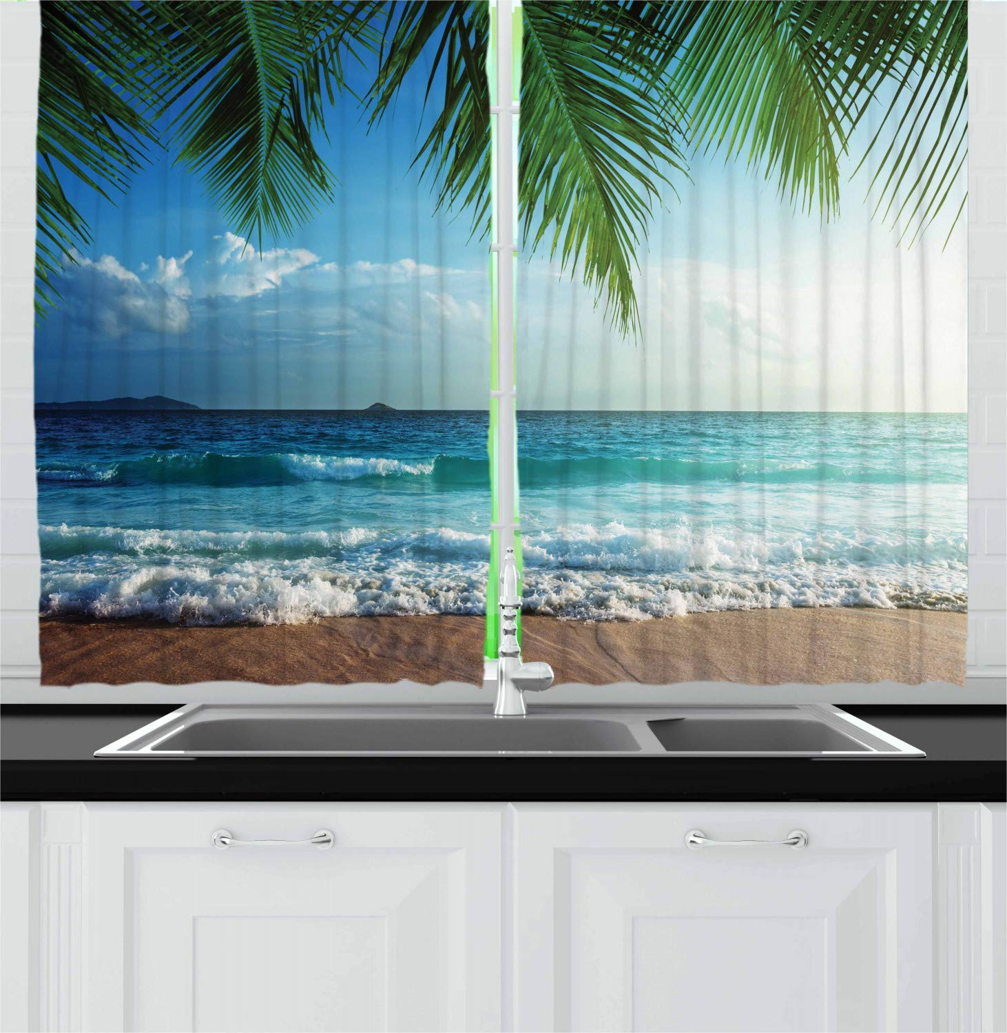Ambesonne Tropical Beach Kitchen Curtains - 2 Panel Set with Ocean & Palm Tree Design, 55