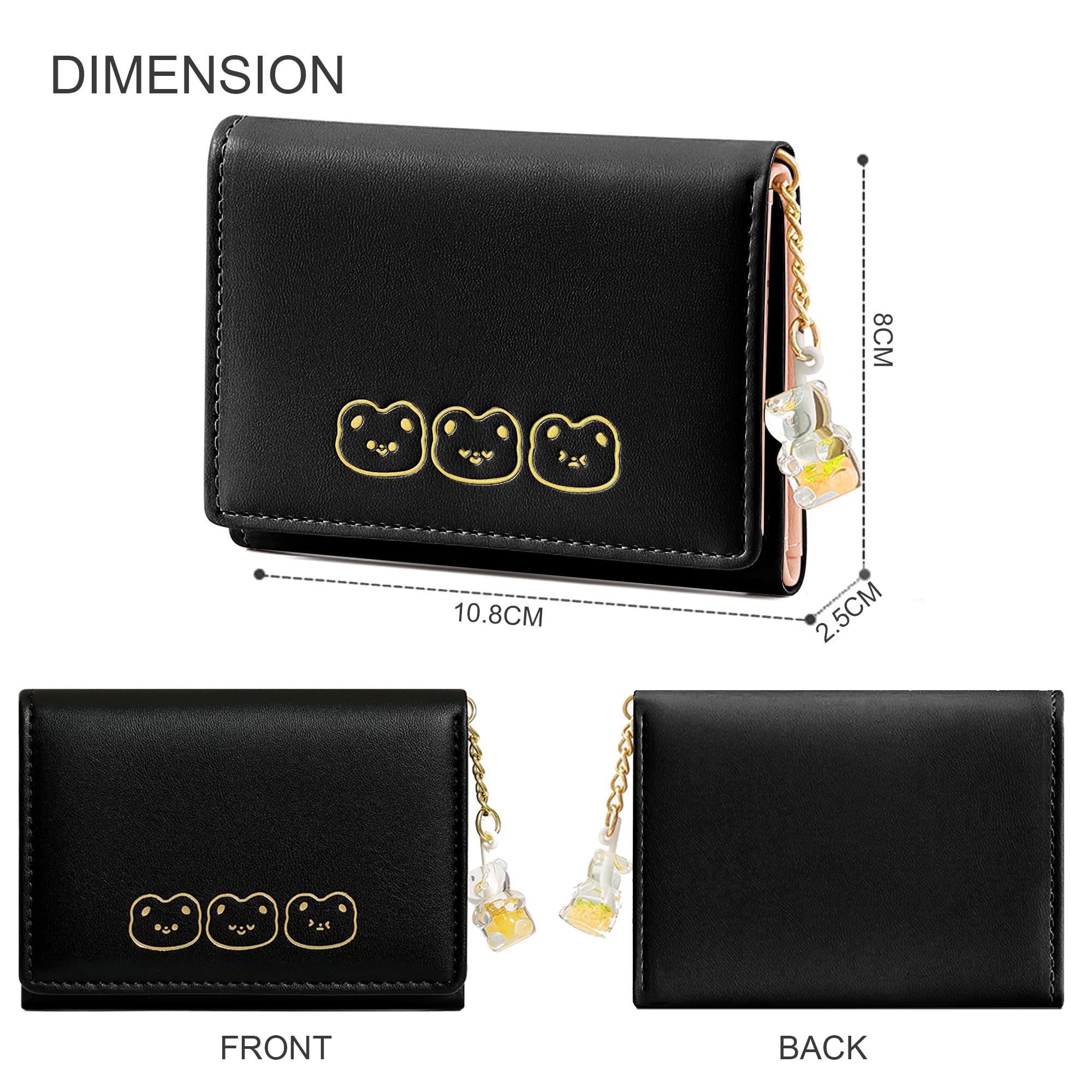 Stylish PU Leather Tri-Fold Wallet with ID Window & Card Slots - Cute Bear Design Women's Wallet for Cash, Cards & ID - Perfect for Everyday Use, Travel & Gift Giving (Black)
