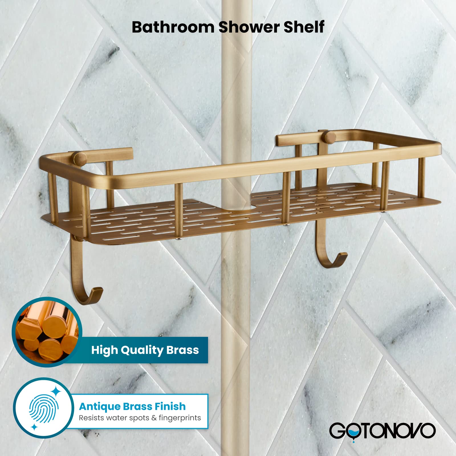 Gotonovo Solid Brass Wall Mount Shower Shelf - Single Layer Antique Brass Bathroom Storage Rack for Shampoo, Soap & Essentials - Perfect for Small Bathrooms & Showers