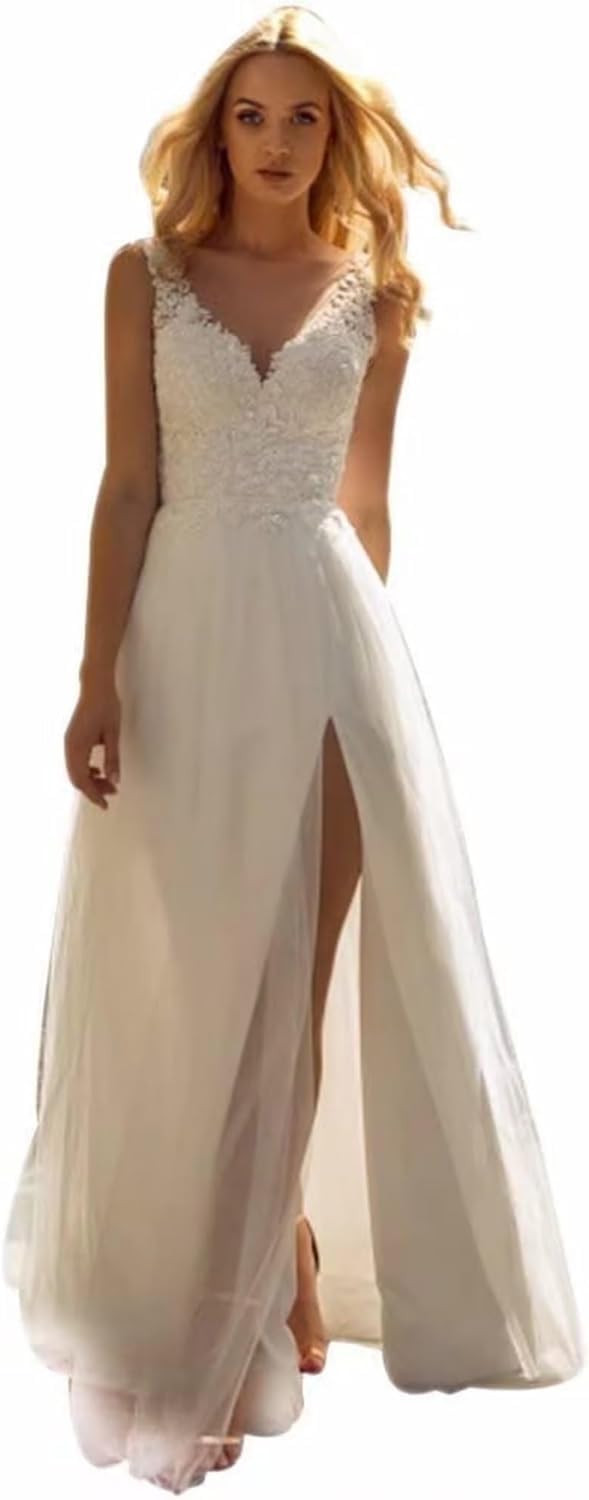 2024 Sexy V-Neck Lace Beach Wedding Dress for Bride with High Slit - Elegant Bridal Gown for Beach Weddings, Destination Ceremonies & Romantic Photos