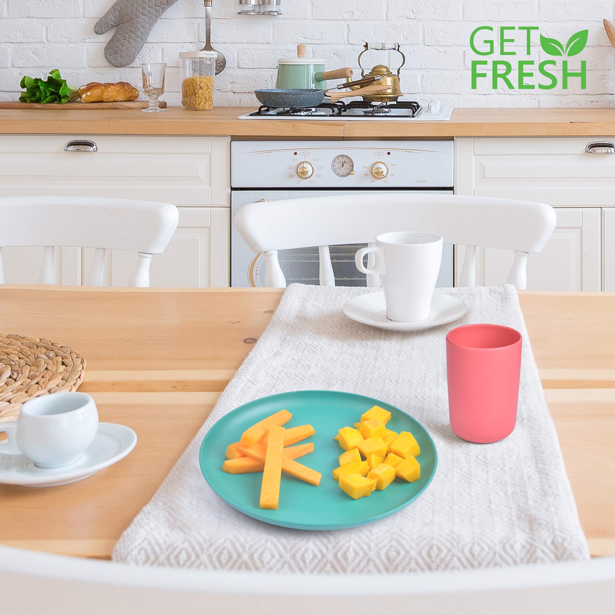 GET FRESH 4-Pack Bamboo Kids Plates Set - Eco-Friendly Reusable Bamboo Dinner Plates for Toddlers & Children - Colorful Bamboo Fiber Dinnerware Set - Durable & Safe Kids Tableware for Daily Meals, School Lunches & Picnics