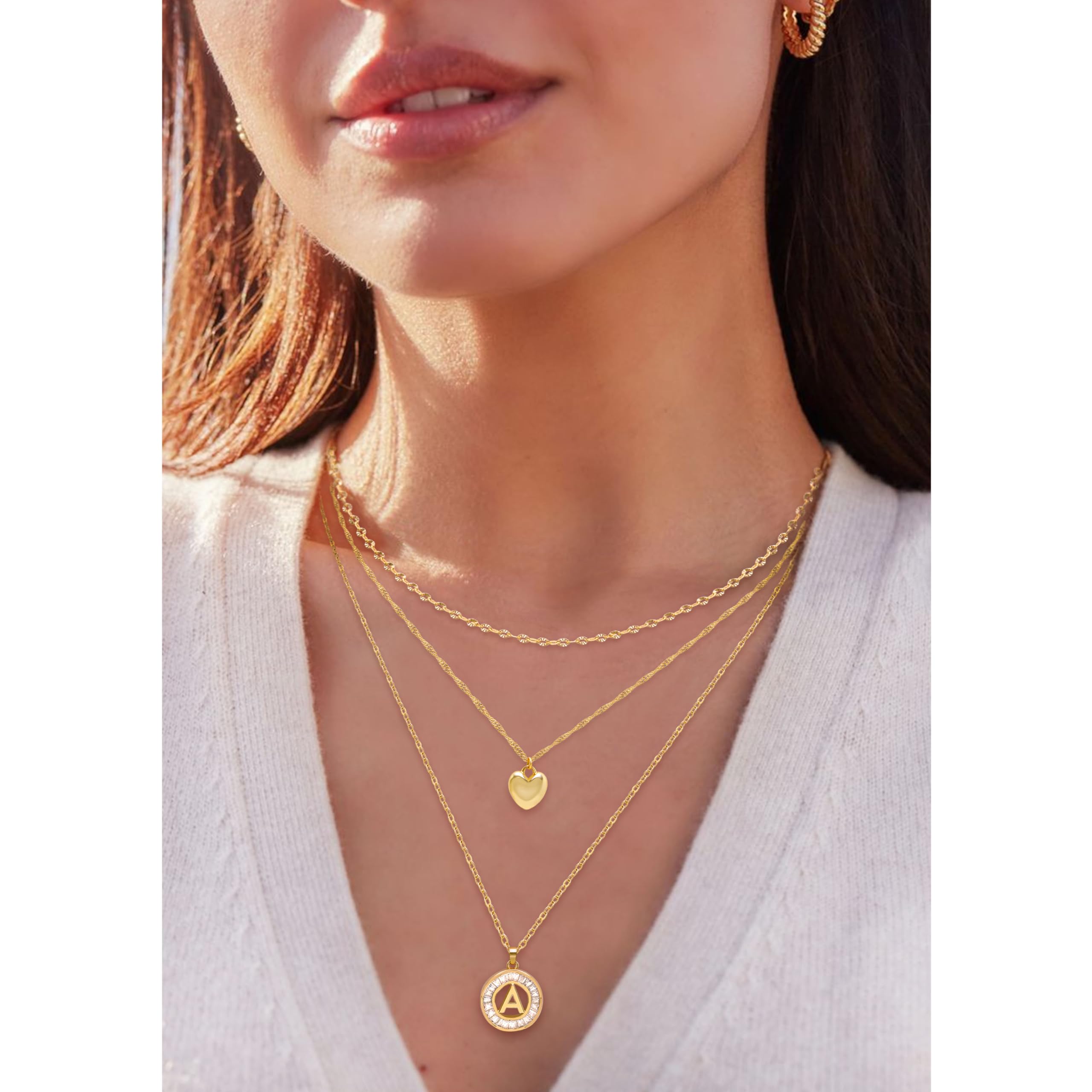 16K Gold Plated Layered Initial Necklace for Women - Dainty Heart Pendant with CZ Diamond, Trendy Choker & Layered Necklace | Perfect for Everyday Wear, Gift Giving & Special Occasions