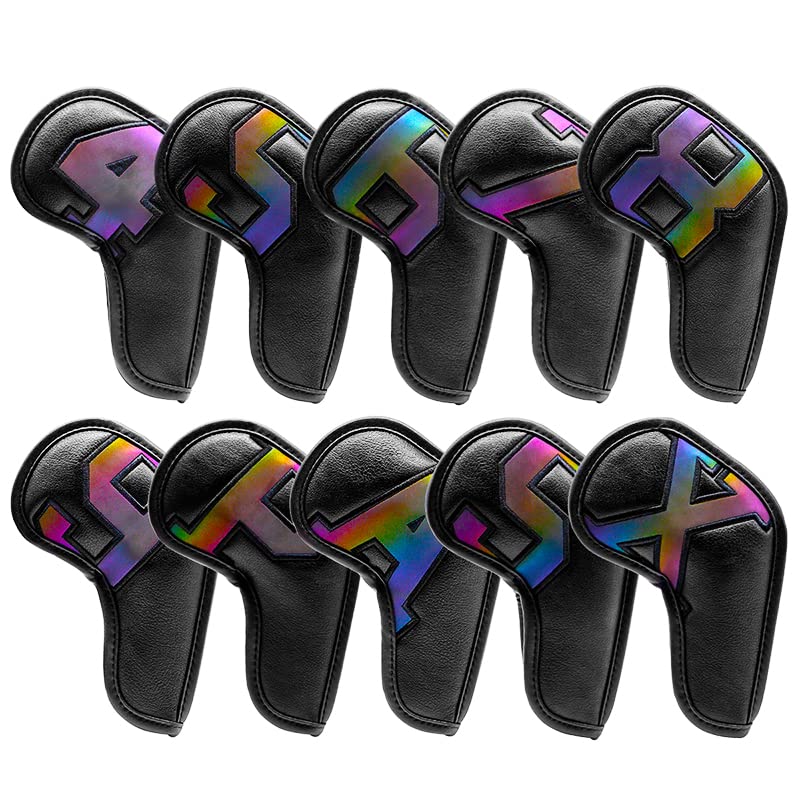 Premium 10-Piece Leather Golf Iron Head Covers Set - Colorful Magic Tape Design for Titleist, Callaway, Ping - Protect Your Golf Clubs During Play & Travel