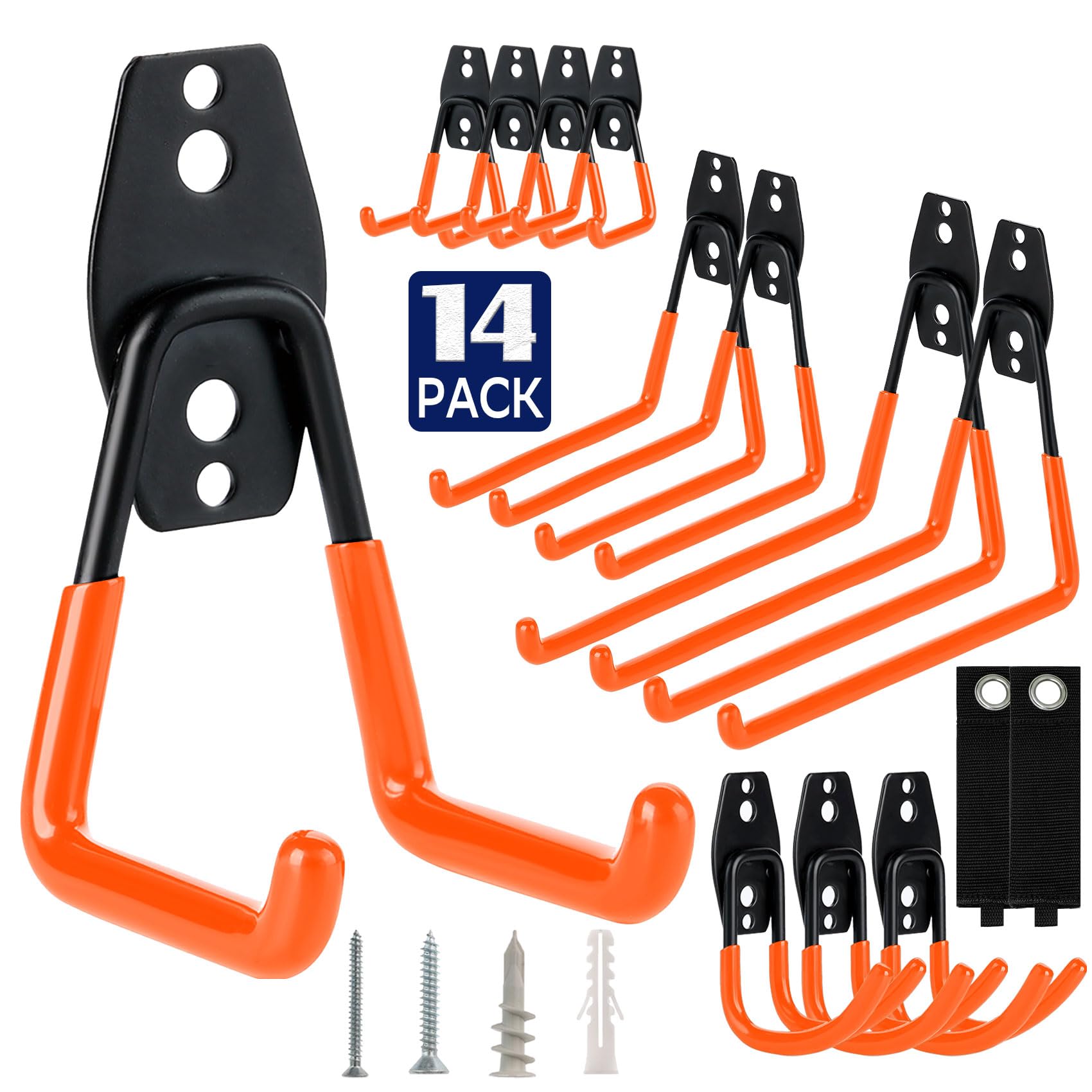 14-Pack Heavy Duty Garage Wall Hooks - Utility Hanging Hooks for Ladders, Bikes, Garden Tools & Storage Organization | Perfect for Garage, Shed & Workshop Organization (Black)