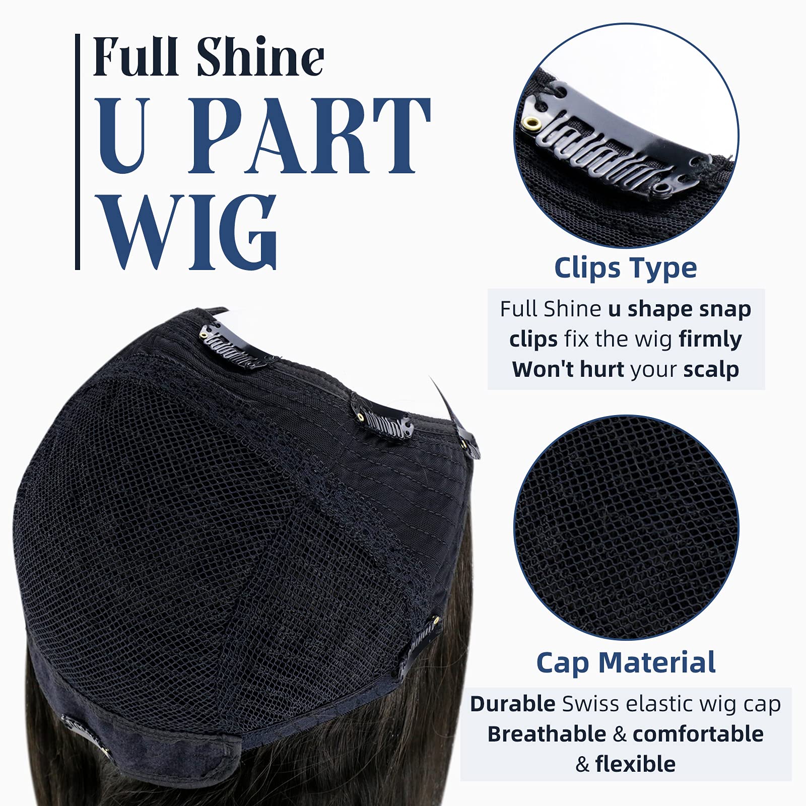 Full Shine Natural U Part Wig - #1 Off Black Human Hair Extensions for Women | 14 Inch Straight U-Shaped Half Wig (120g) | Perfect for Daily Wear, Parties & Special Occasions