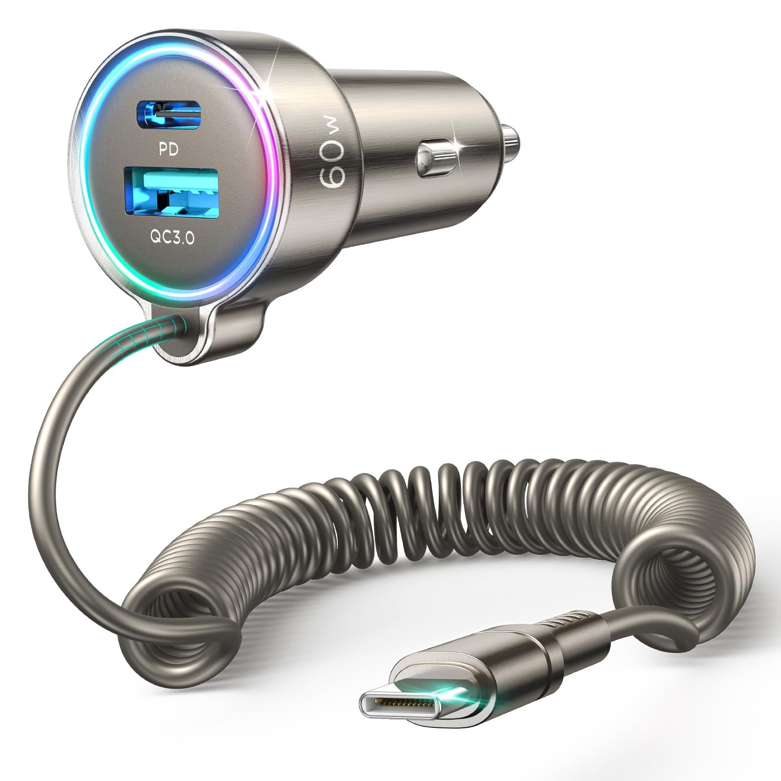 60W USB C Super Fast Car Charger with PD & QC3.0 - 5ft 30W Type C Coiled Cable - Compatible with iPhone 15 Pro Max/Plus, Samsung Galaxy S24/S23/S22, Google Pixel, Moto, LG, Android & iPad Pro - Perfect for Road Trips & Fast Charging on the Go