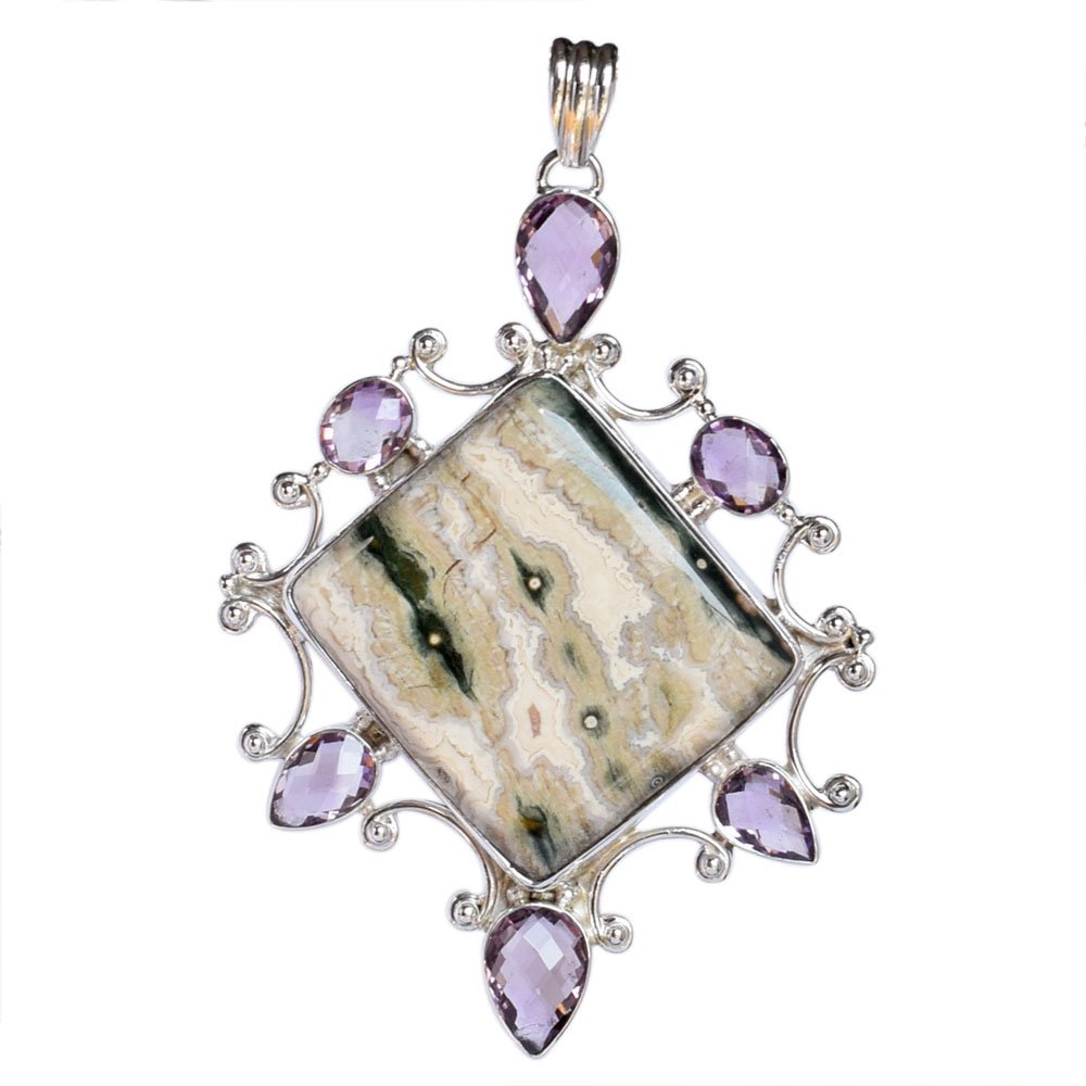Ocean Jasper Amethyst 925 Sterling Silver Pendant Necklace - Boho Chic Delicate Jewelry for Women - Perfect Birthday Gift, Spiritual Healing & Everyday Wear