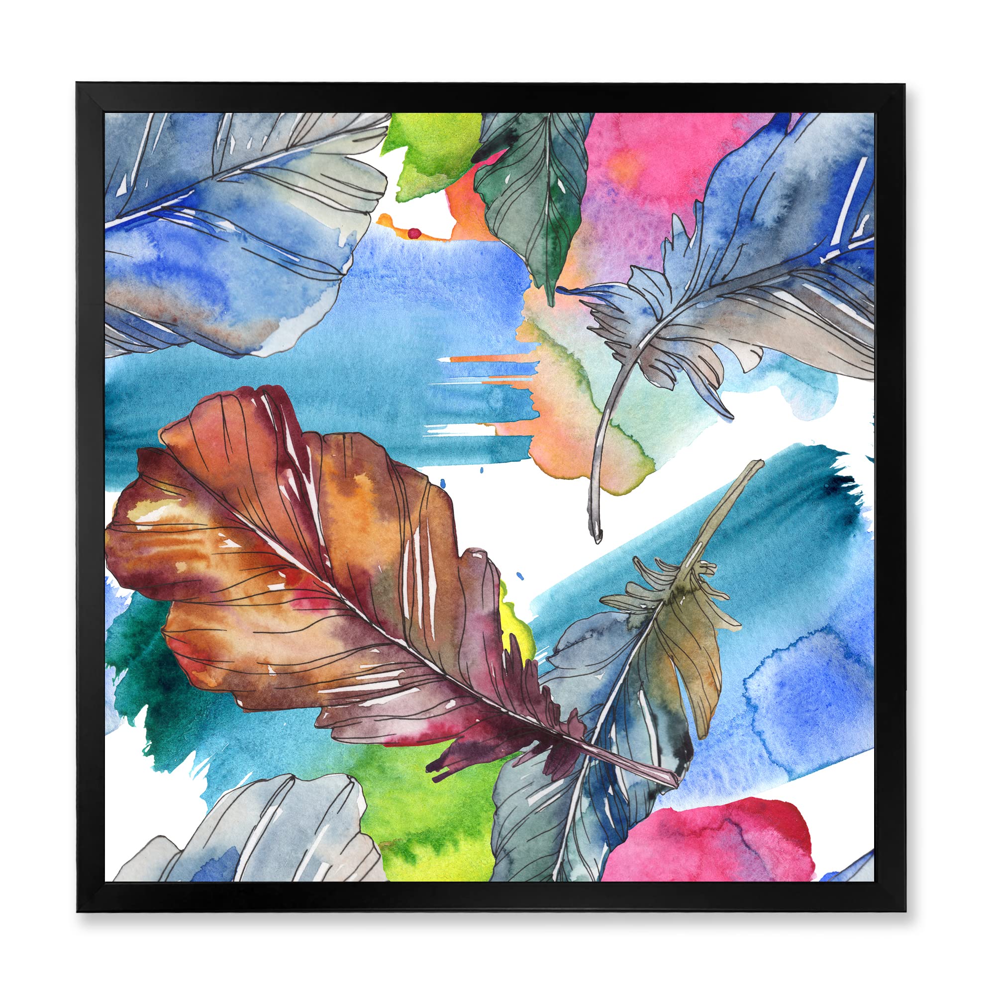 Blue and Pink Bird Feather Traditional Framed Wall Art - Elegant Home Decor for Living Room, Bedroom & Office