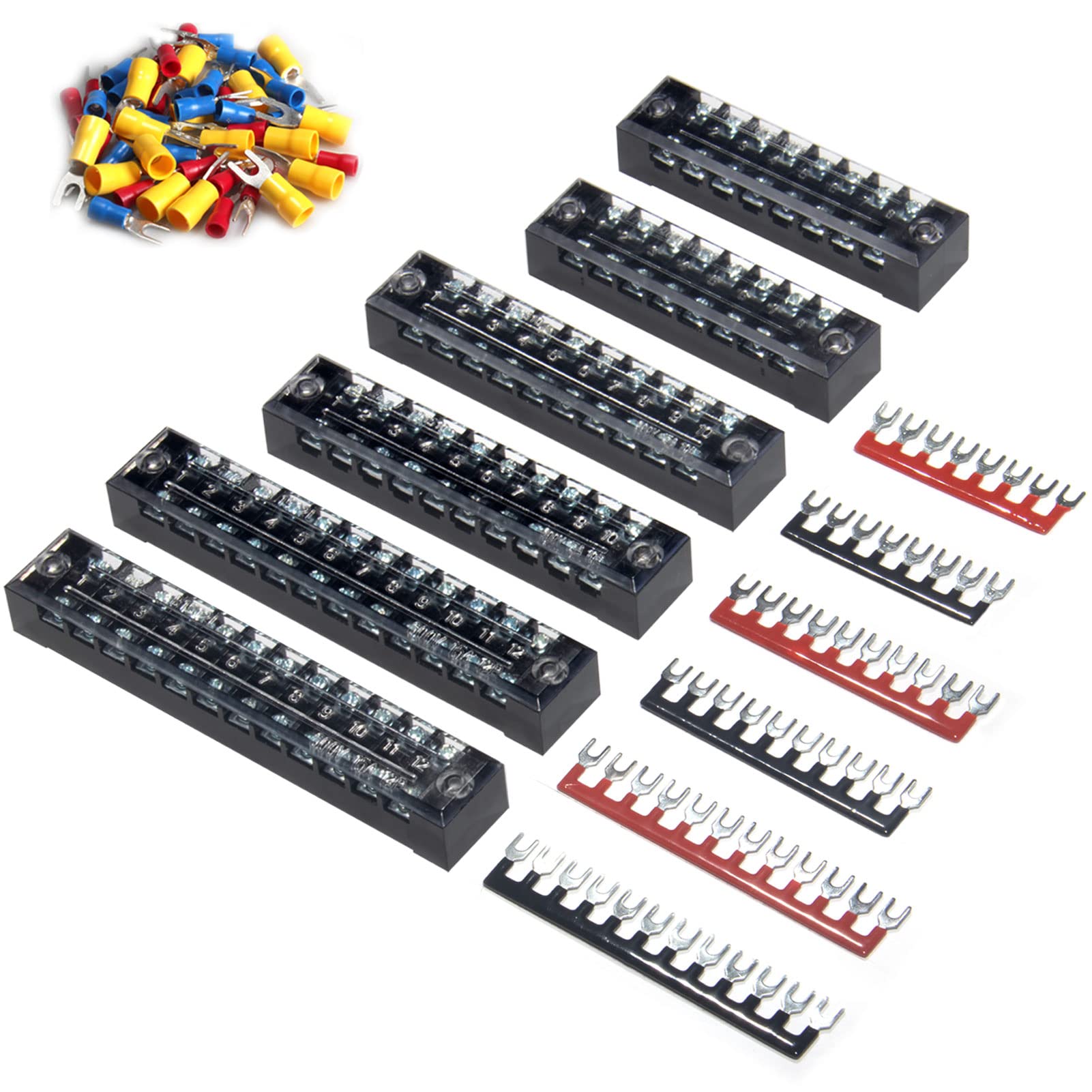 MILAPEAK 600V 15A Dual Row Screw Terminal Block and Strip - 6 Sets with 8/10/12 Positions, Cover, Pre-Insulated Terminals, Barrier Strips, Jumpers & Fork Connectors | Electrical Wiring, DIY Projects, Home & Industrial Use