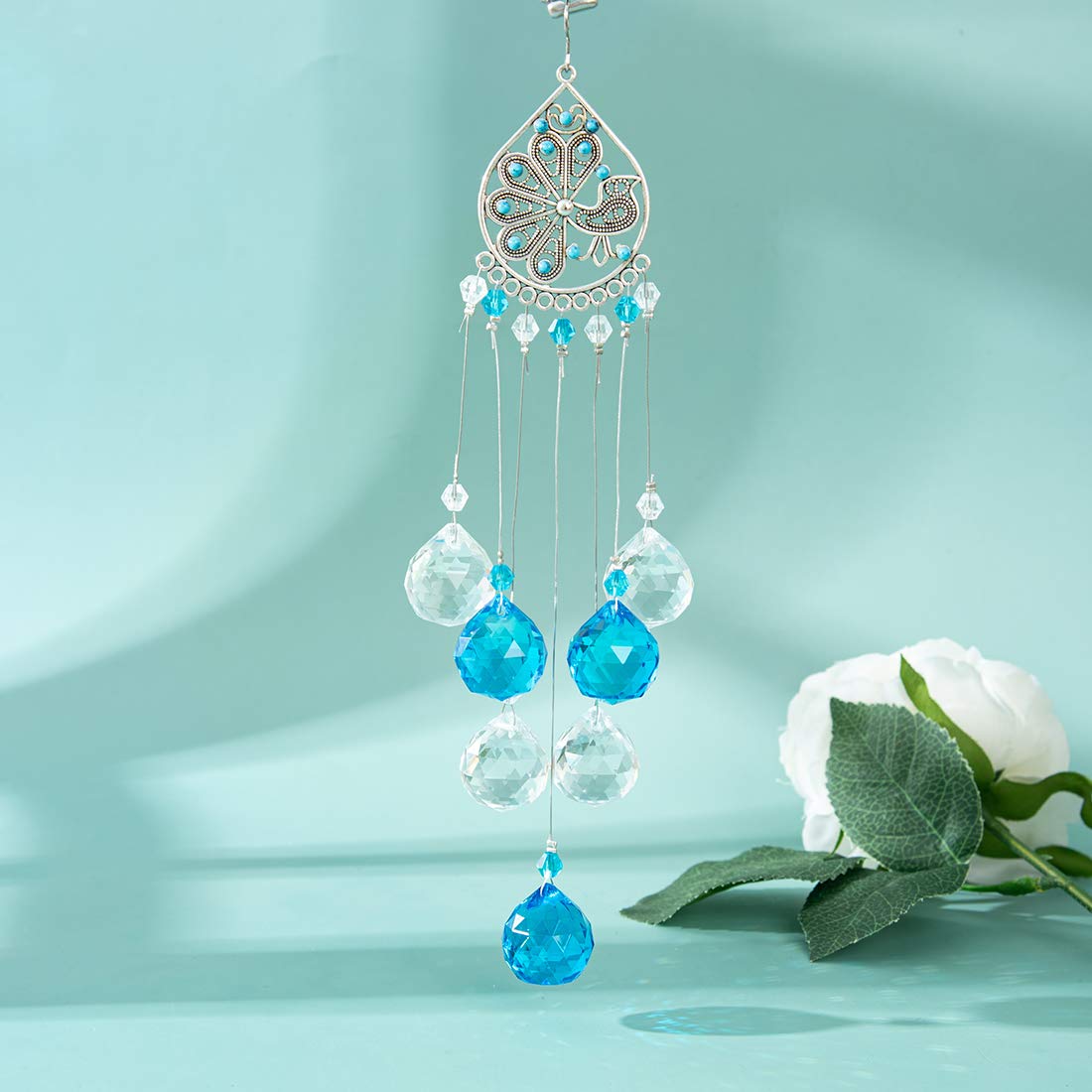 Light Blue Crystal Prisms Ball Suncatcher - Rainbow Maker Window Decor, Feng Shui Ornament & Healing Pendant Gift for Home, Office, Meditation Room - Creates Beautiful Rainbows for Relaxation & Positive Energy