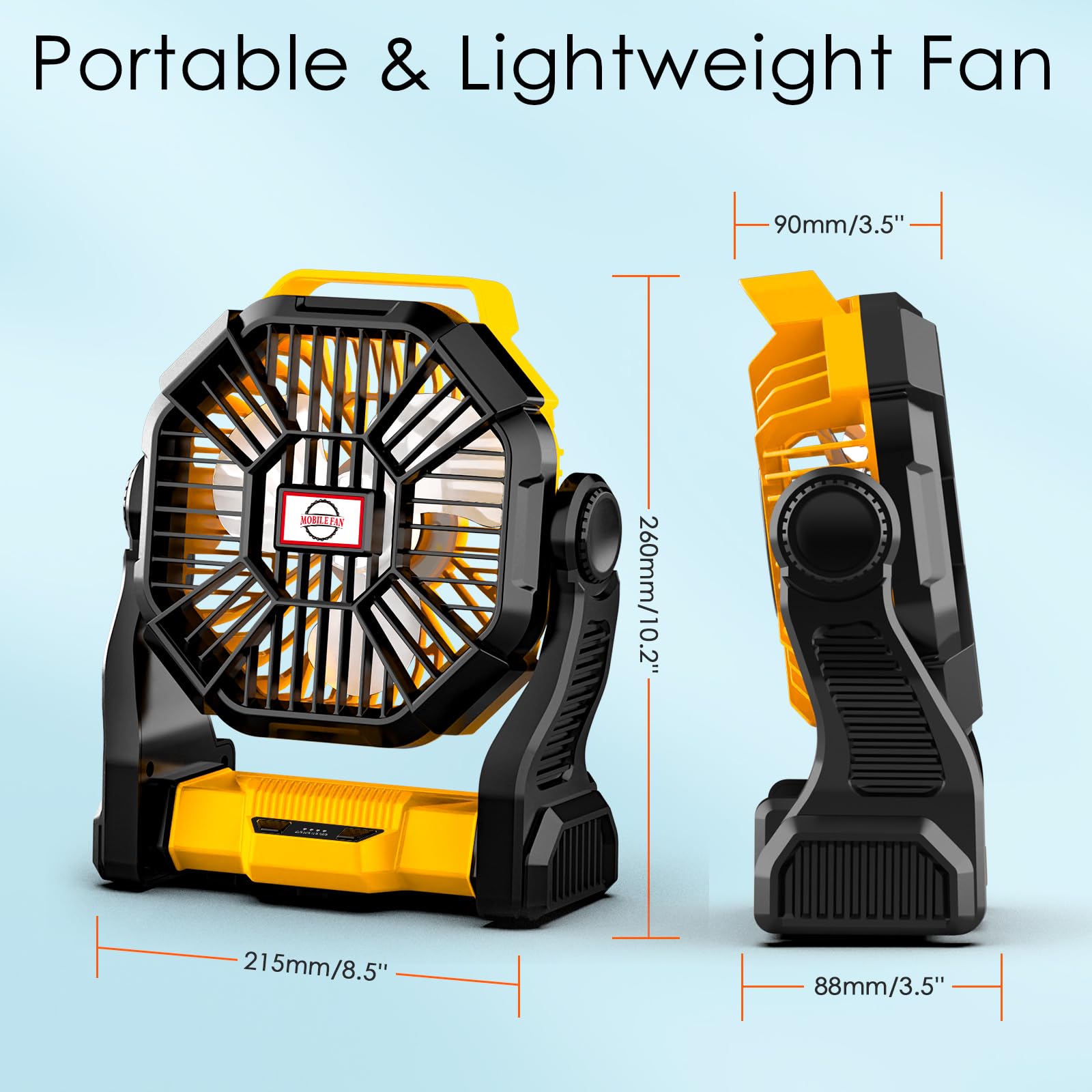 Lostrain Rechargeable Camping Fan with LED Light - 36H Runtime, 10400mAh Battery, USB Portable Desk Fan - Ultra Quiet with Hanging Hook - Perfect for Outdoor Camping, Picnic, BBQ, Fishing & Travel - Yellow