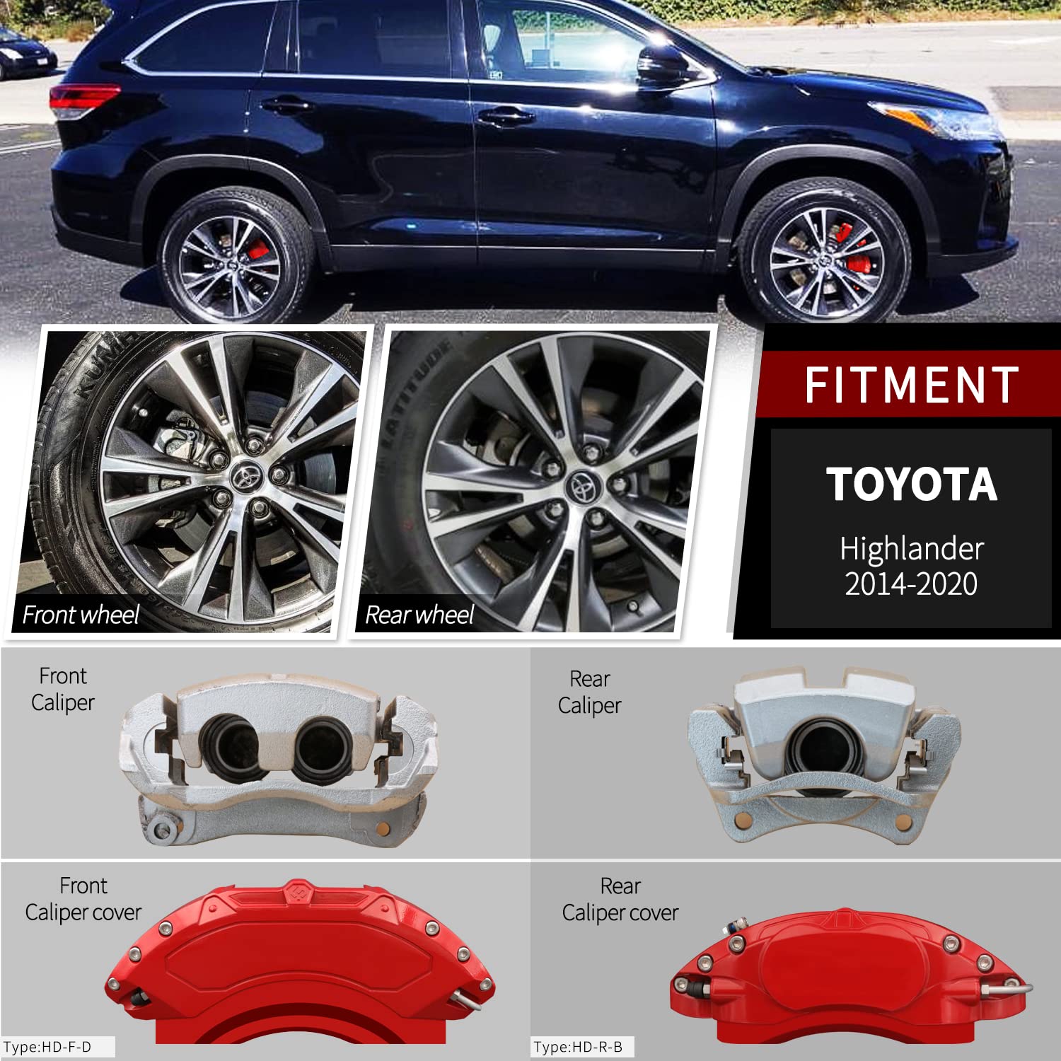 AOOA Red Brake Caliper Covers for 2014-2019 Toyota Highlander - Set of 4 - High-Performance Car Accessories for Enhanced Style & Protection (Perfect for Car Enthusiasts & Auto Shows)