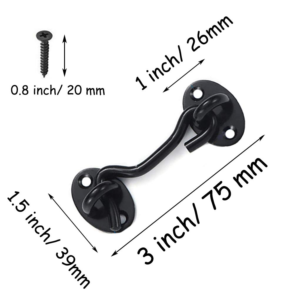 2 Pack 3 Inch Black Privacy Hook and Eye Latch - Heavy Duty Easy Lock for Barn Doors, Gates, Windows & Cabinets - Secure Home, Shed & Garage Security Hardware