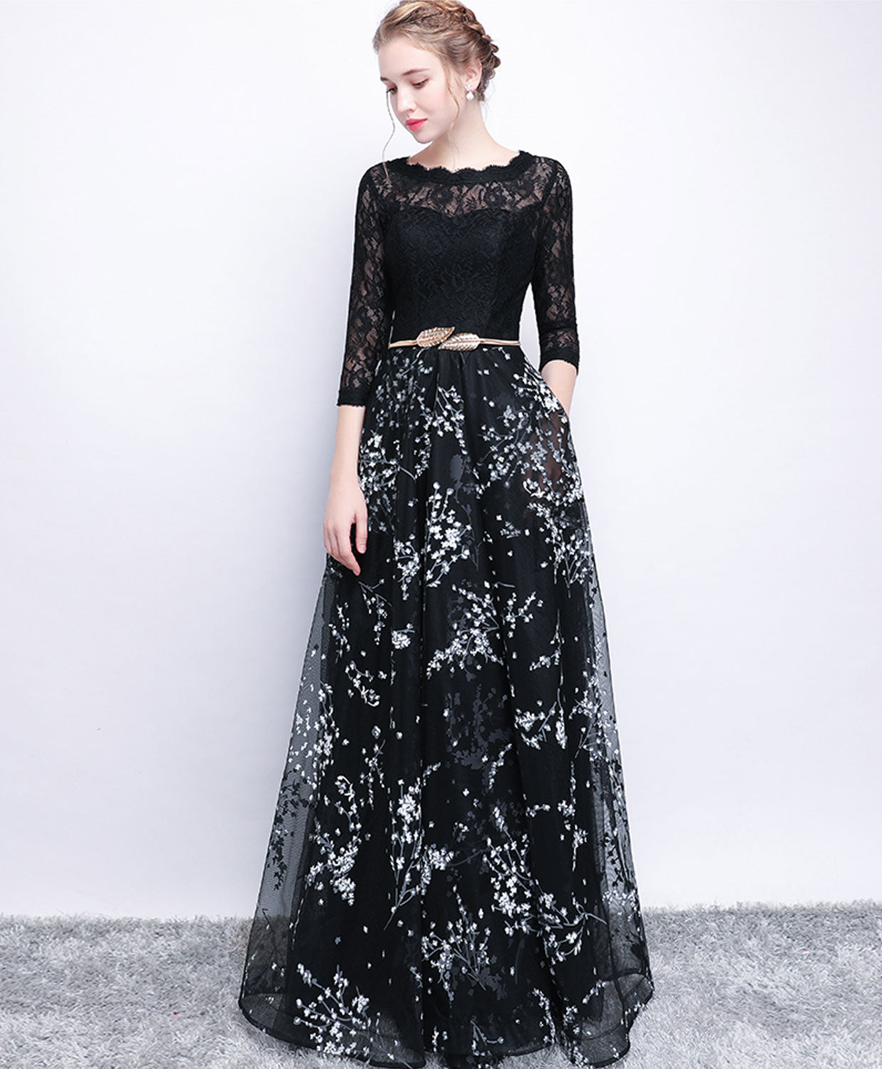 Elegant Black Lace Long Prom Dress with Long Sleeves - Formal Evening Gown for Homecoming, Wedding Guest & Special Occasions