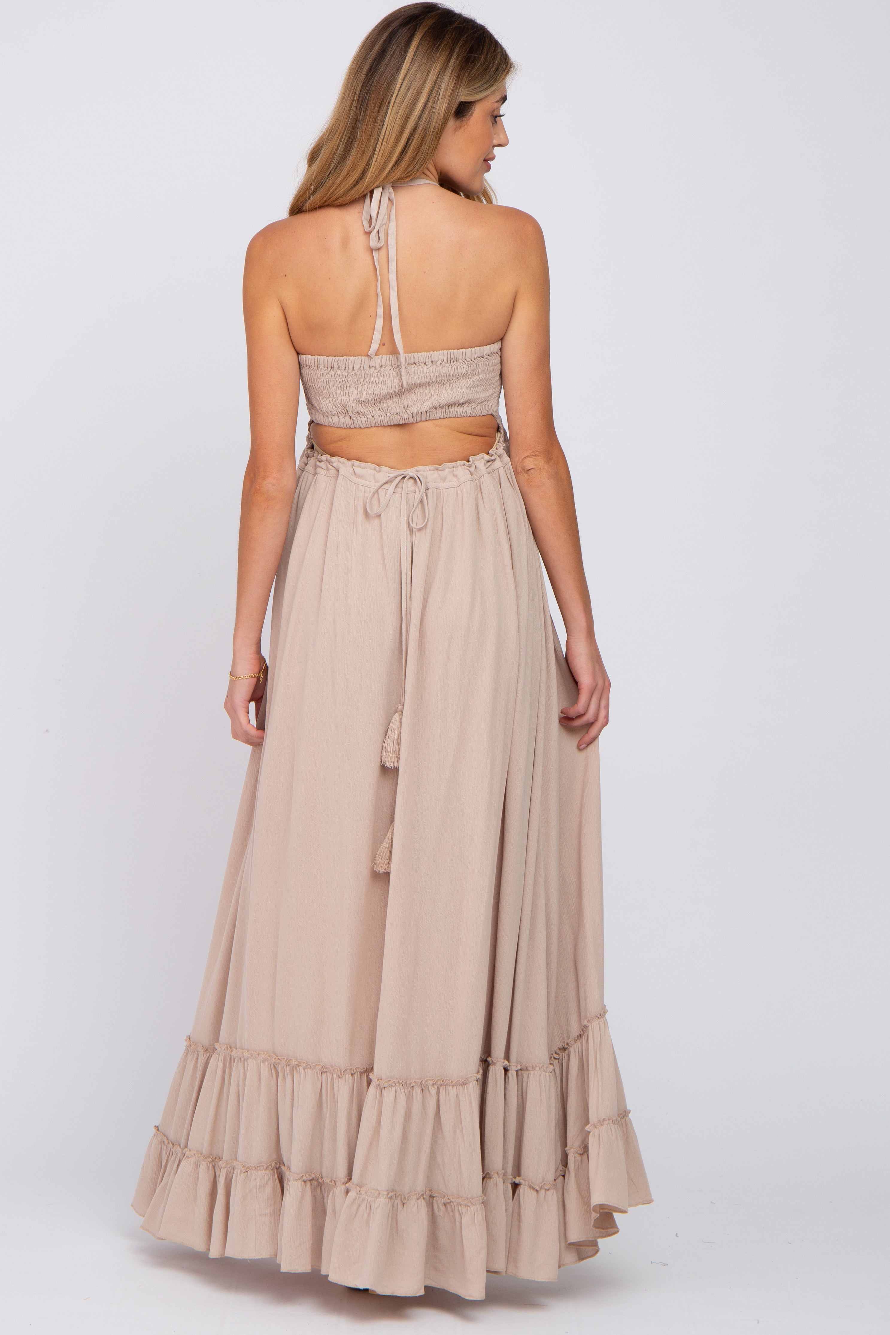 Beige Halter Neck Cut Out Maternity Maxi Dress for Pregnancy, Summer Beach & Photoshoot - Comfortable Flowy Long Dress for Expecting Mothers