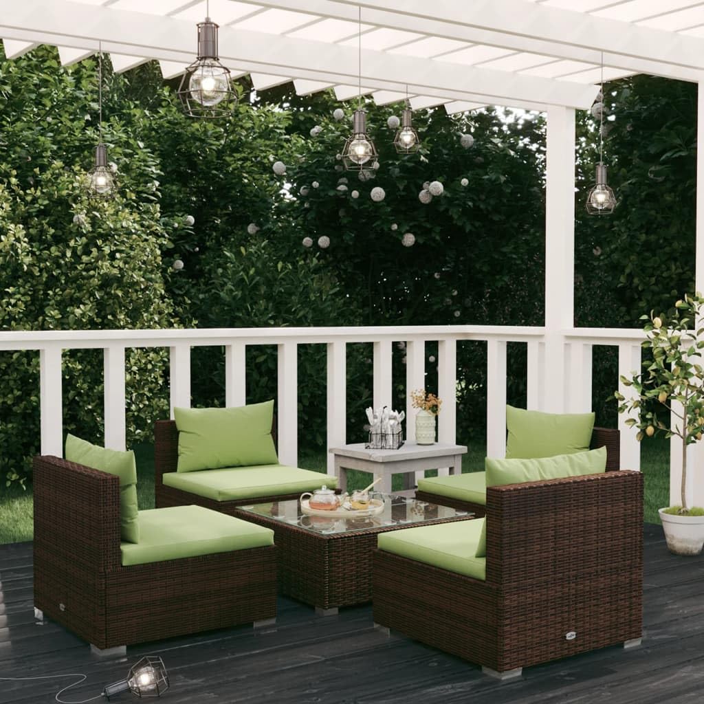 5-Piece Brown/Green Poly Rattan Patio Lounge Set with Cushions - Outdoor Sectional Sofa for Garden, Deck & Backyard Relaxation