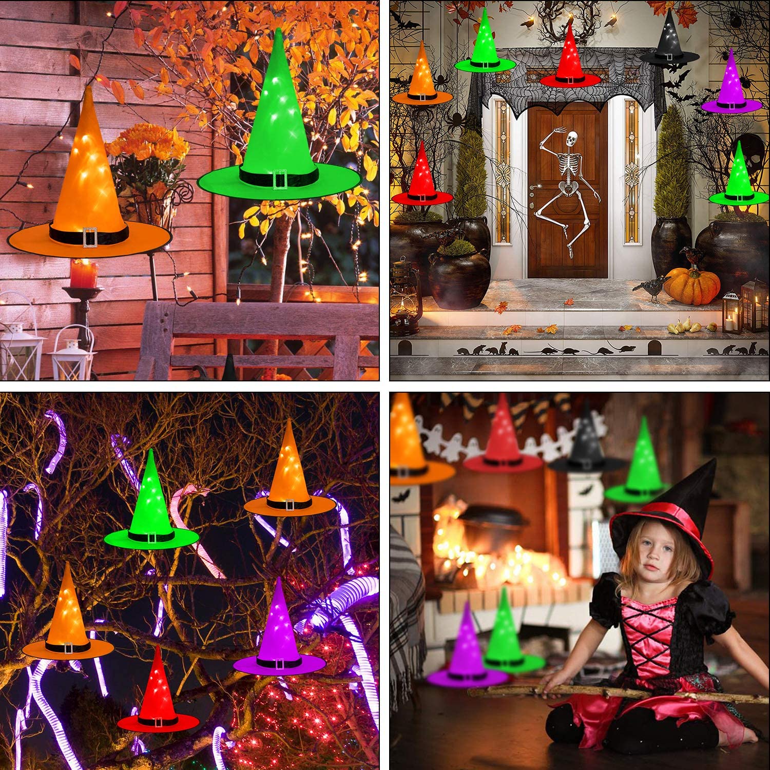 Kuist 5-Pack LED Lighted Witch Hats for Halloween - Outdoor Hanging Decor with Bandage, Glowing Garden & Yard Decoration for Trees, Parties & Haunted Houses