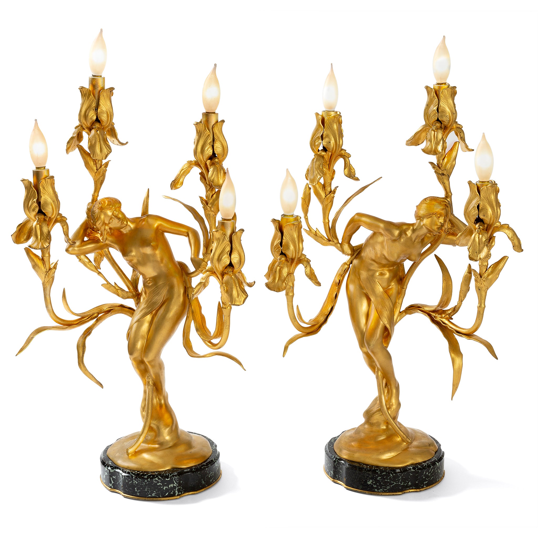 Pair of Maurice Bouval Gilt Bronze Obsession et Reve Candelabras - Elegant French Art Nouveau Candle Holders for Dining Table Decor & Romantic Ambiance