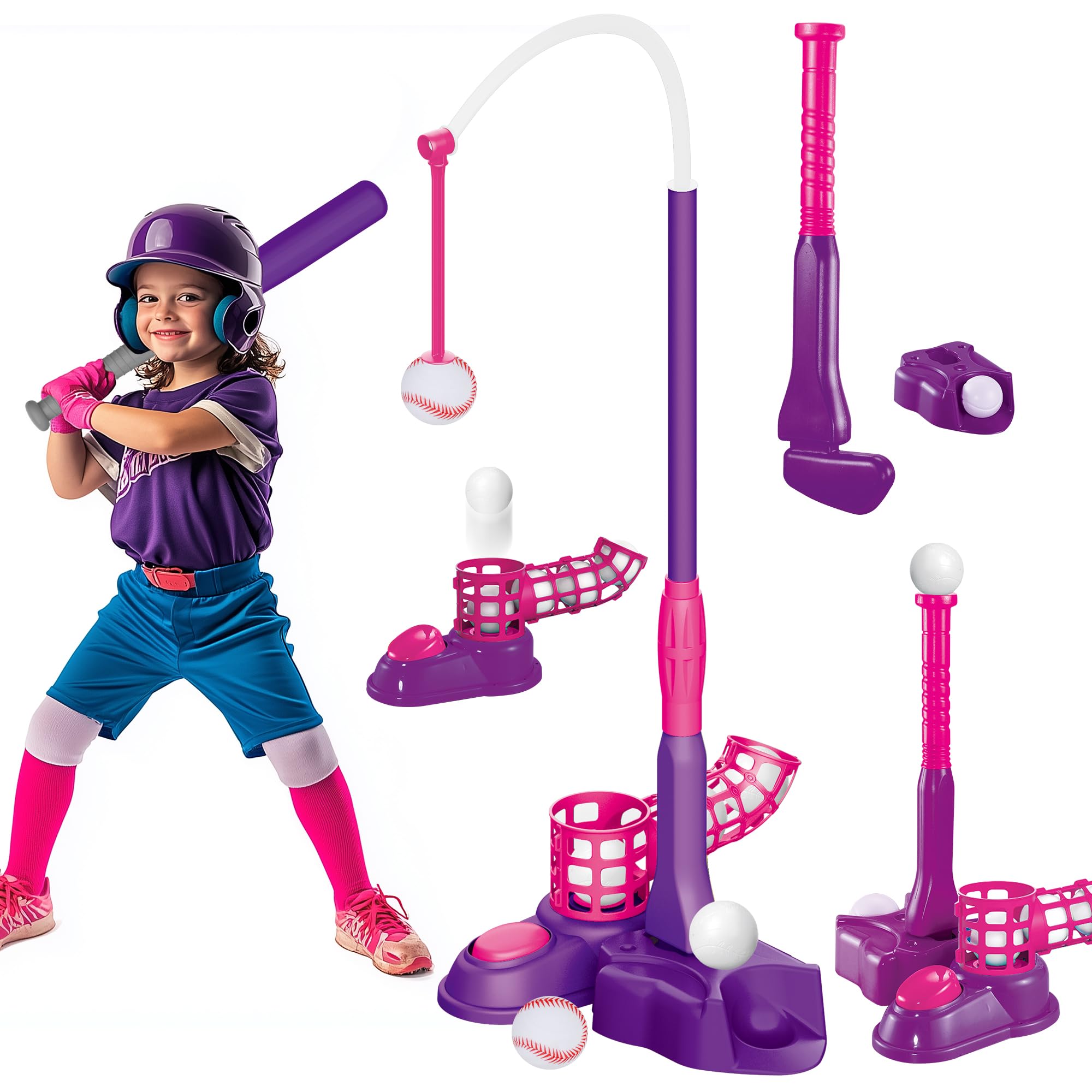 Imagifun 4-in-1 T-Ball Set for Kids Ages 3-8 - Adjustable Baseball Tee, Teeball Batting Trainer, Golf Toy Set with 6 Balls & Retractable Bat - Perfect for Backyard Practice, Birthday Gifts & Outdoor Sports Activities (Pink)