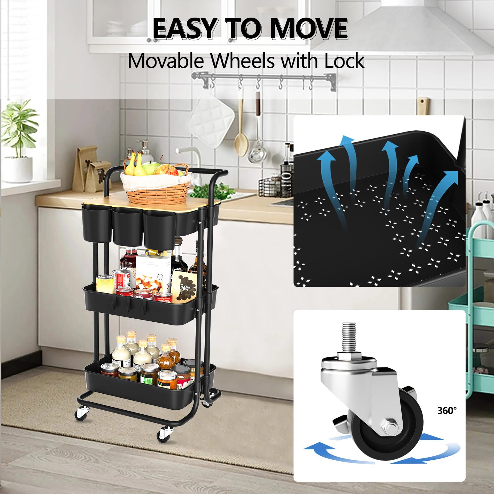 3 Tier Rolling Utility Cart with Lockable Wheels, Metal Handle & Plastic Storage Baskets - Perfect for Kitchen, Bathroom, Office & Classroom Organization - Black