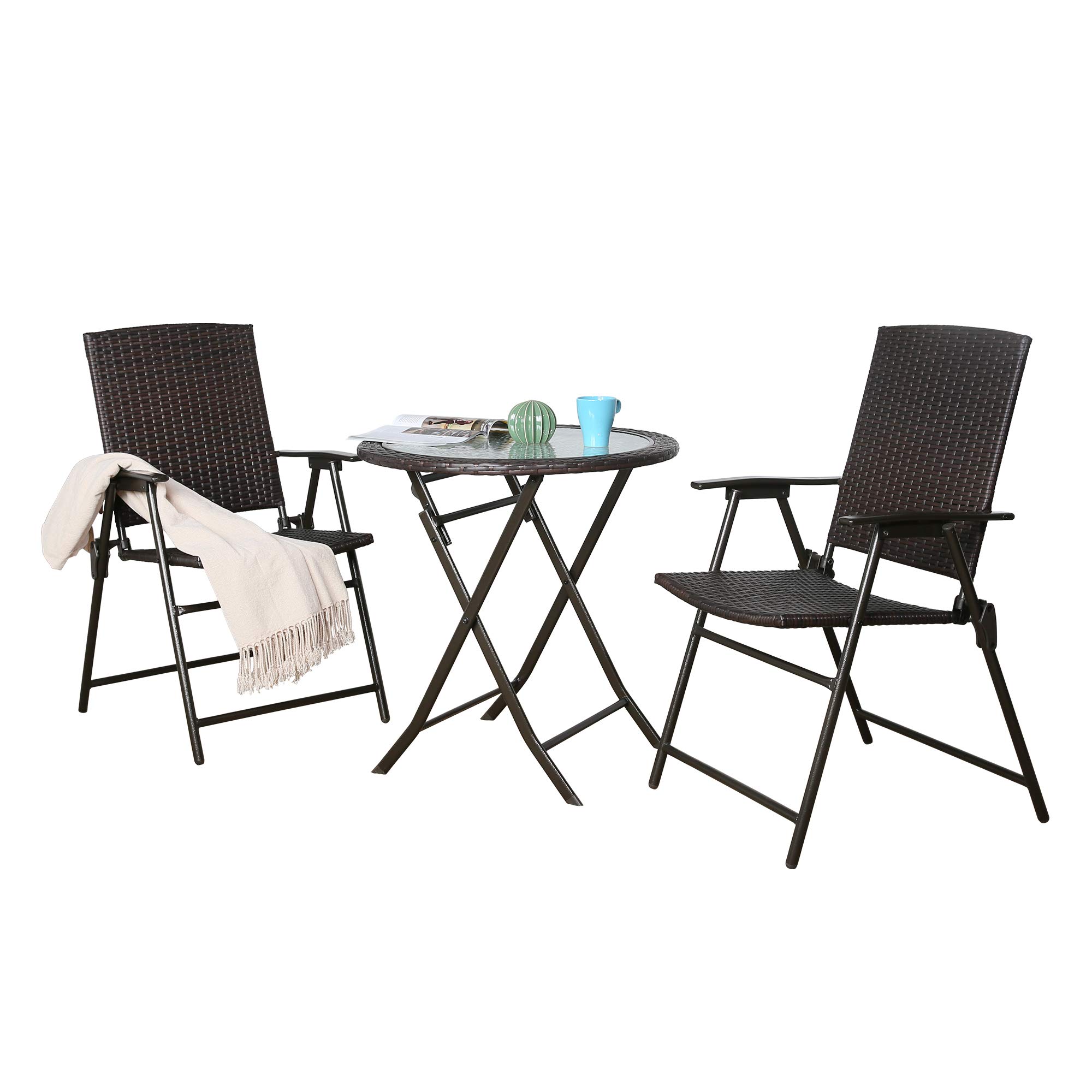 3-Piece Outdoor Bistro Set - All-Weather Patio Furniture with 2 Rattan Folding Chairs & Tempered Glass Table - Perfect for Garden, Balcony, Poolside & Backyard Relaxation