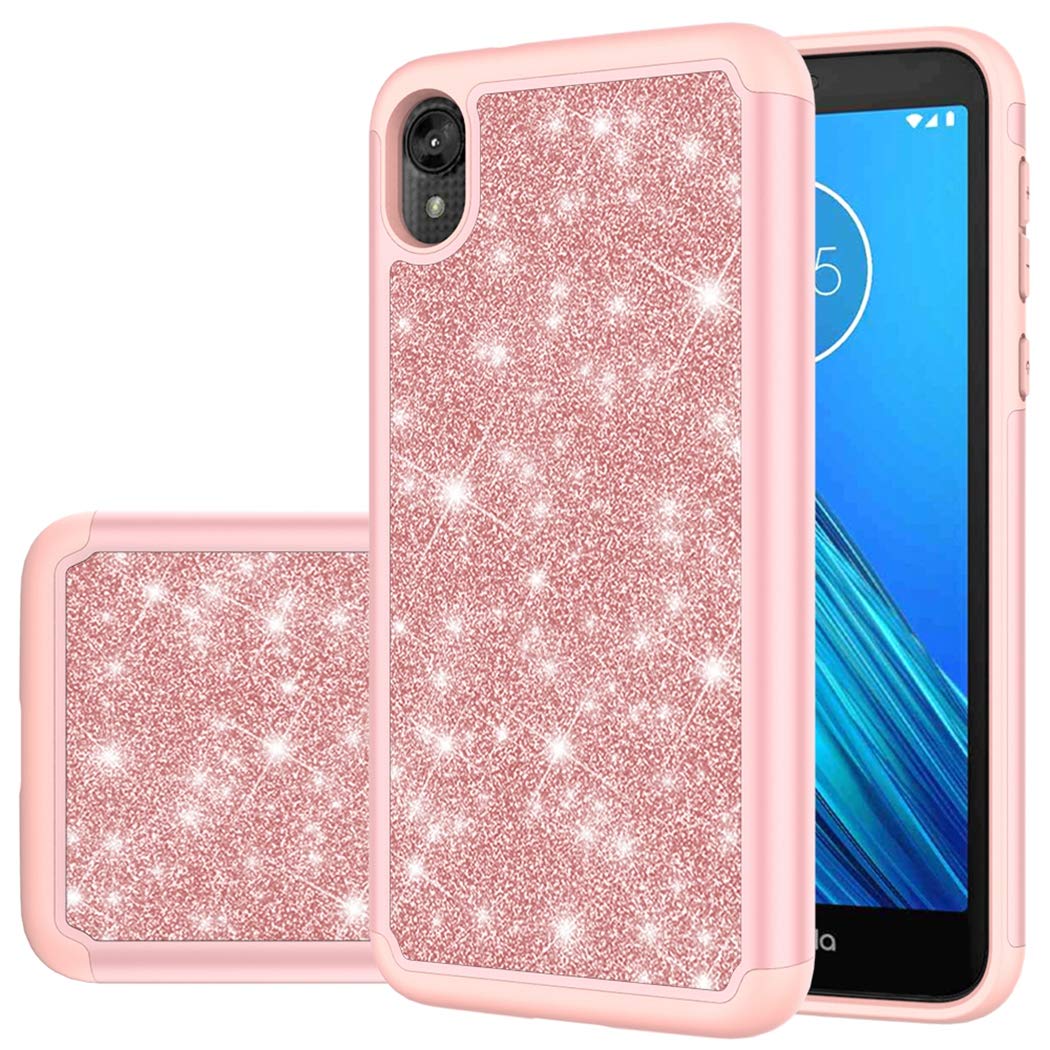Premium Shockproof Glitter Phone Case for Motorola Moto E6 - Cute Rose Gold Sparkle Defender Cover for Women & Girls | Perfect for Everyday Protection & Style Enhancement