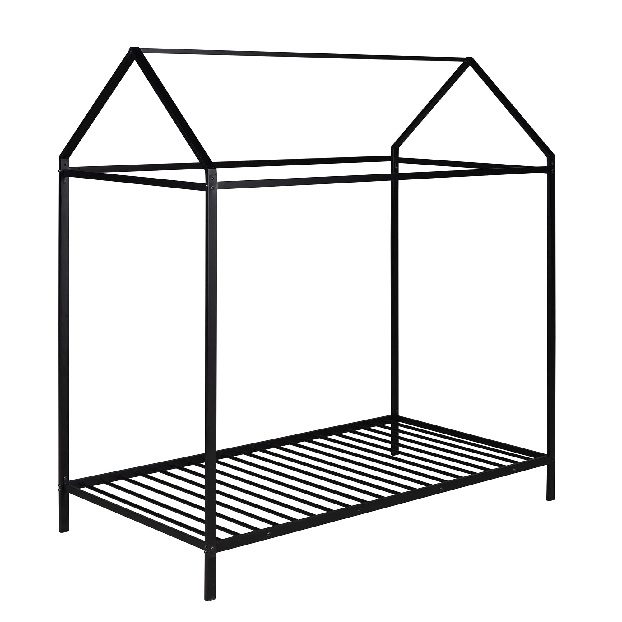 Knocbel Metal Twin Canopy Bed Frame - Low Profile Platform Bed with 20-Slat Support, 350lbs Weight Capacity - Black - Perfect for Kids Rooms, Guest Bedrooms & Small Spaces