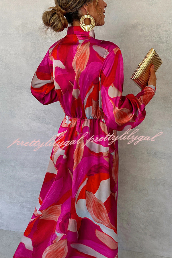 Stylish Printed Long Sleeve V-Neck Tie-Waist Slit Maxi Dress for Women | Boho Chic Flowy Summer Beach Dress | Perfect for Vacations, Parties & Date Nights