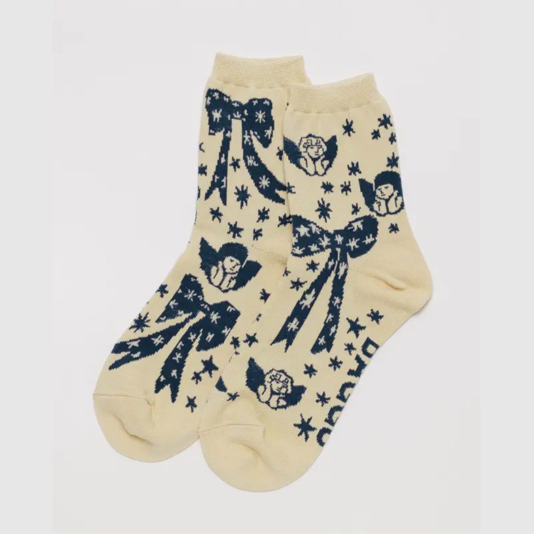 Cherub Bows Crew Socks by BAGGU - Cute Angel Wing Design Cotton Socks for Women & Girls - Perfect for Everyday Wear, Gifts & Fashion Outfits