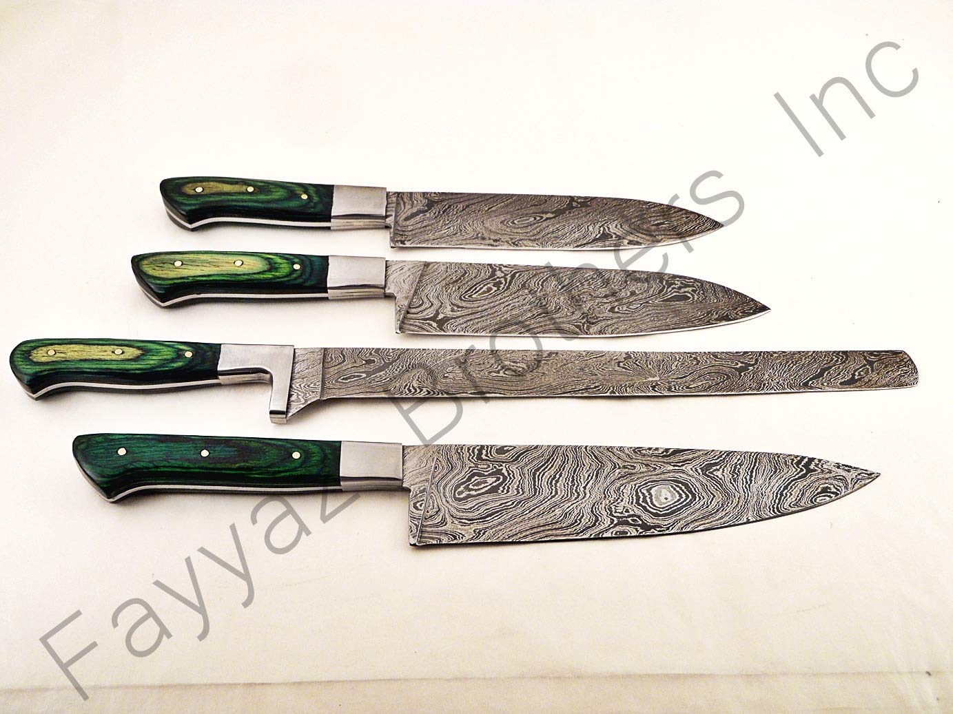 Premium Damascus Steel Kitchen Knives 4-Piece Set - Handcrafted Chef Knife, Utility Knife, Paring Knife & Bread Knife with Green Wood Handle (FBK-1014/1046) - Perfect for Home Cooking, Professional Chefs & Gift Giving