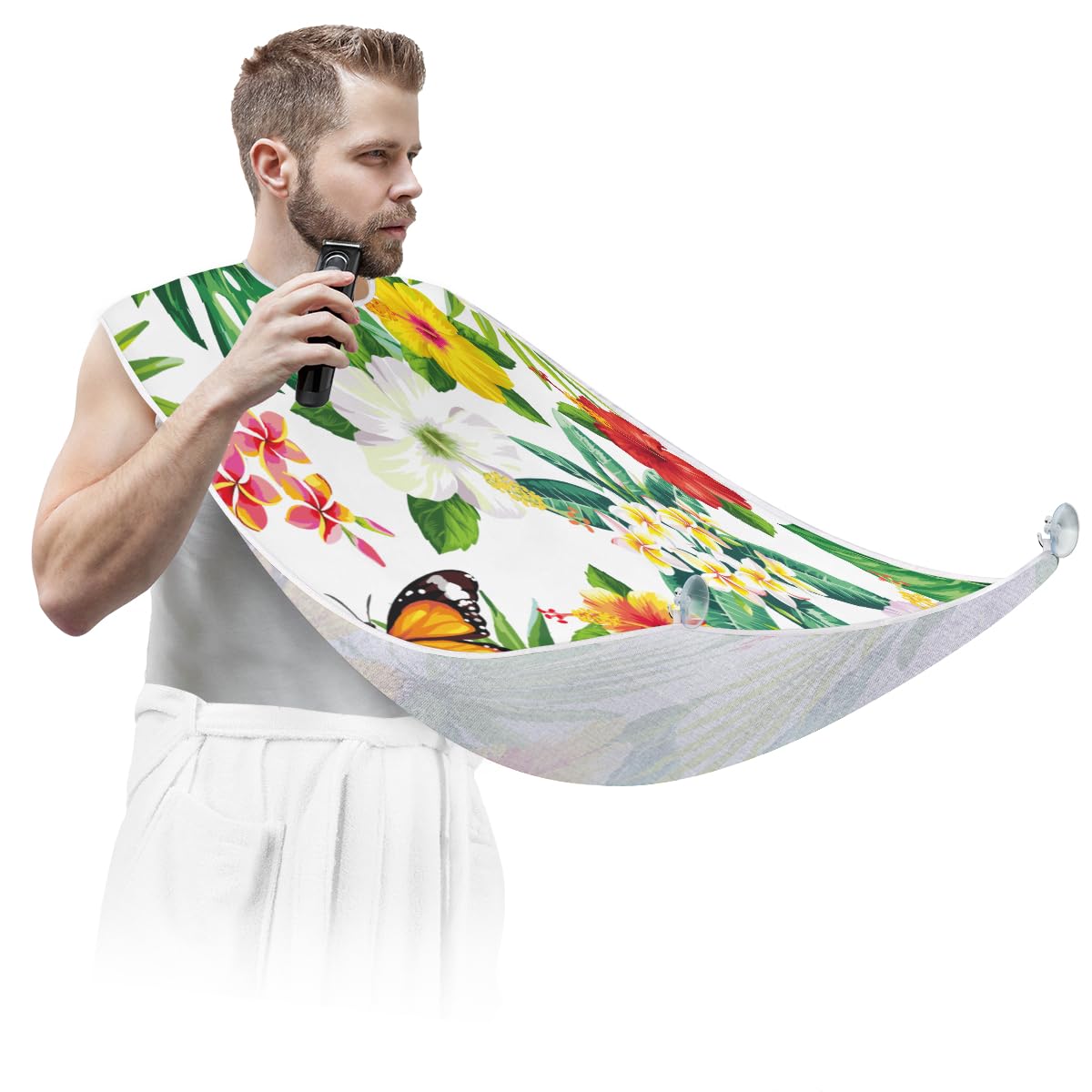 **Non-Slip Beard Bib with Suction Cups - Tropical Floral Hibiscus Butterfly Design for Men - Waterproof Shaving Apron & Grooming Cape - Perfect Gift for Husband, Dad - Ideal for Home Grooming & Barber Shops**