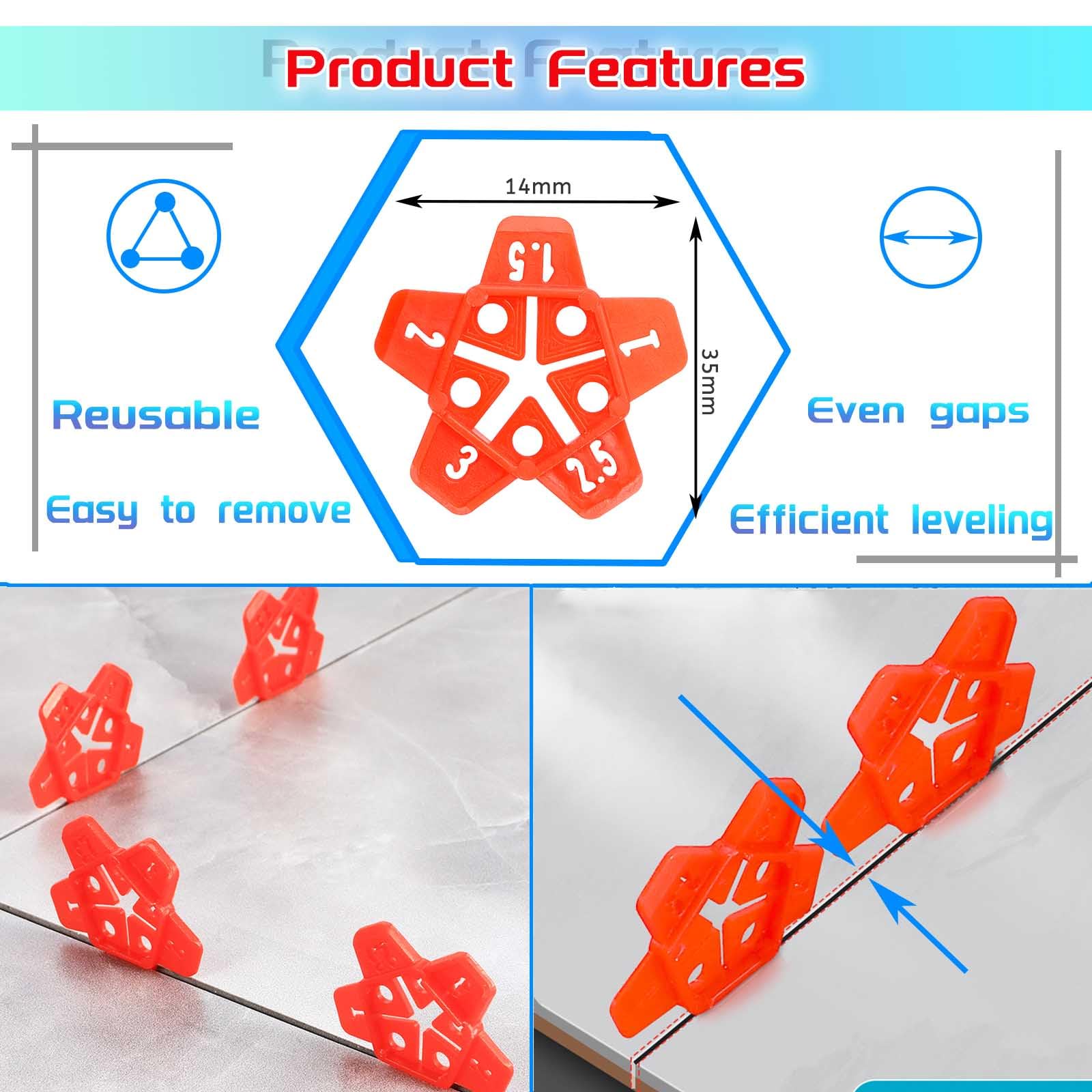 300pcs Reusable Plastic Tile Spacers - 5 Sizes in 1 (1-3mm) - U Shape Horseshoe Tile Leveling Spacers for Floor & Wall Tiles - Perfect for DIY Home Renovation, Bathroom & Kitchen Tiling Projects
