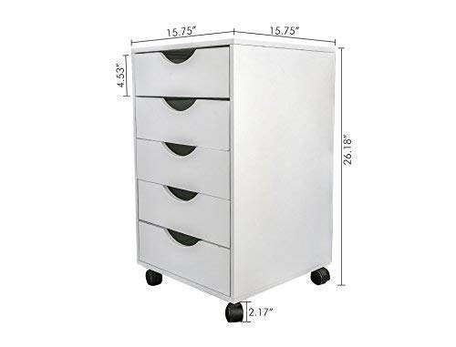 White Wooden 5-Drawer Mobile File Cabinet with Wheels - Rolling Storage Organizer Cart for Home Office, School, or Classroom Organization