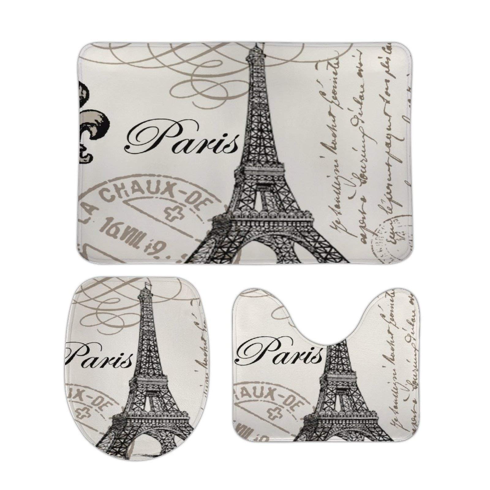 Vintage Paris Bathroom Rug Set - 3Pcs Anti-Slip Absorbent Bath Mat with U-Shaped Toilet Mat & Toilet Seat Cover, 15 x 25 Inch, White (Style 2) - Perfect for Bathroom Decor, Guest Bathrooms & Vintage-Themed Homes