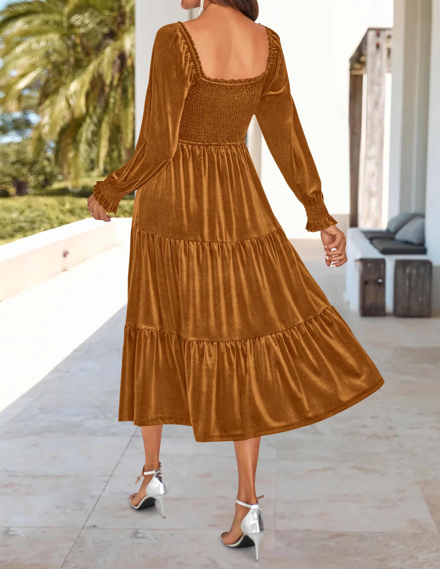ZESICA Women's Velvet Long Sleeve Square Neck Smocked Ruffle A-Line Midi Dress with Pockets - Elegant Spring 2025 Flowy Dress for Parties, Weddings & Special Occasions